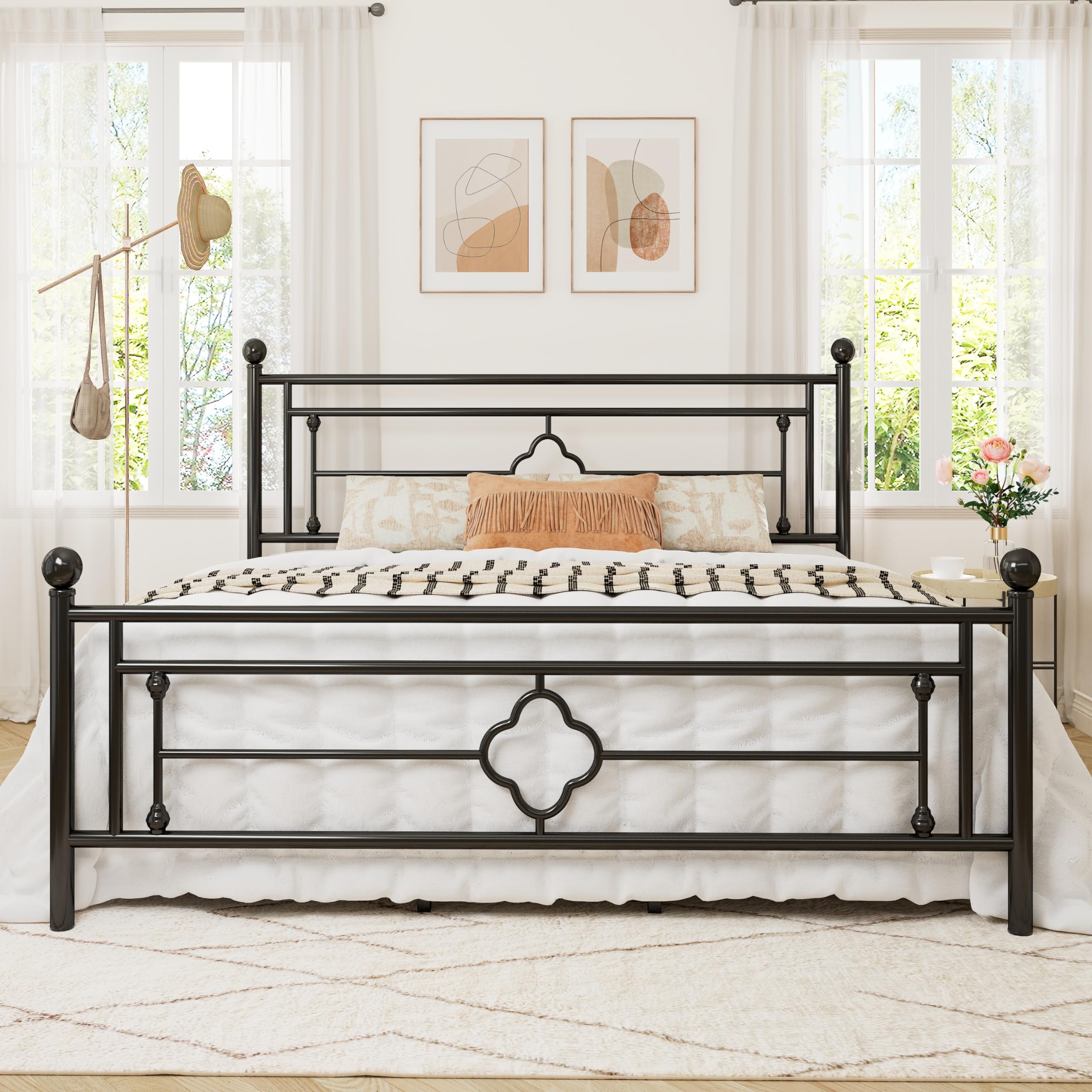 Allewie King Size Metal Platform Bed Frame With Victorian Vintage Headboard And Footboard/Mattress Foundation/Under Bed Storage/No Box Spring Needed/Noise-Free/Easy Assembly, Black