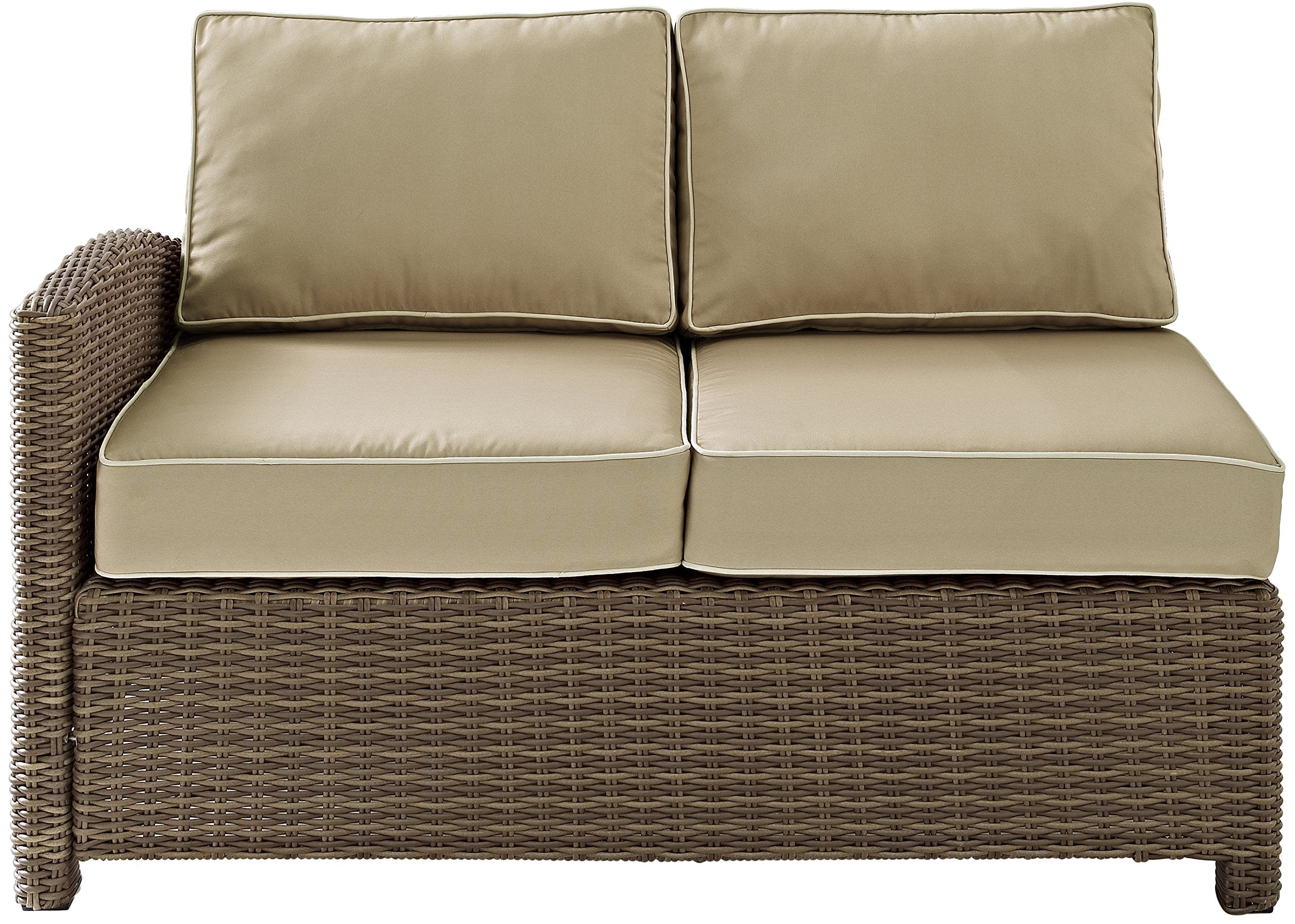 Crosley Furniture Bradenton Outdoor Sectional Left Side Loveseat, 2-Person Wicker Patio Couch for Deck, Brown with Sand Cushions