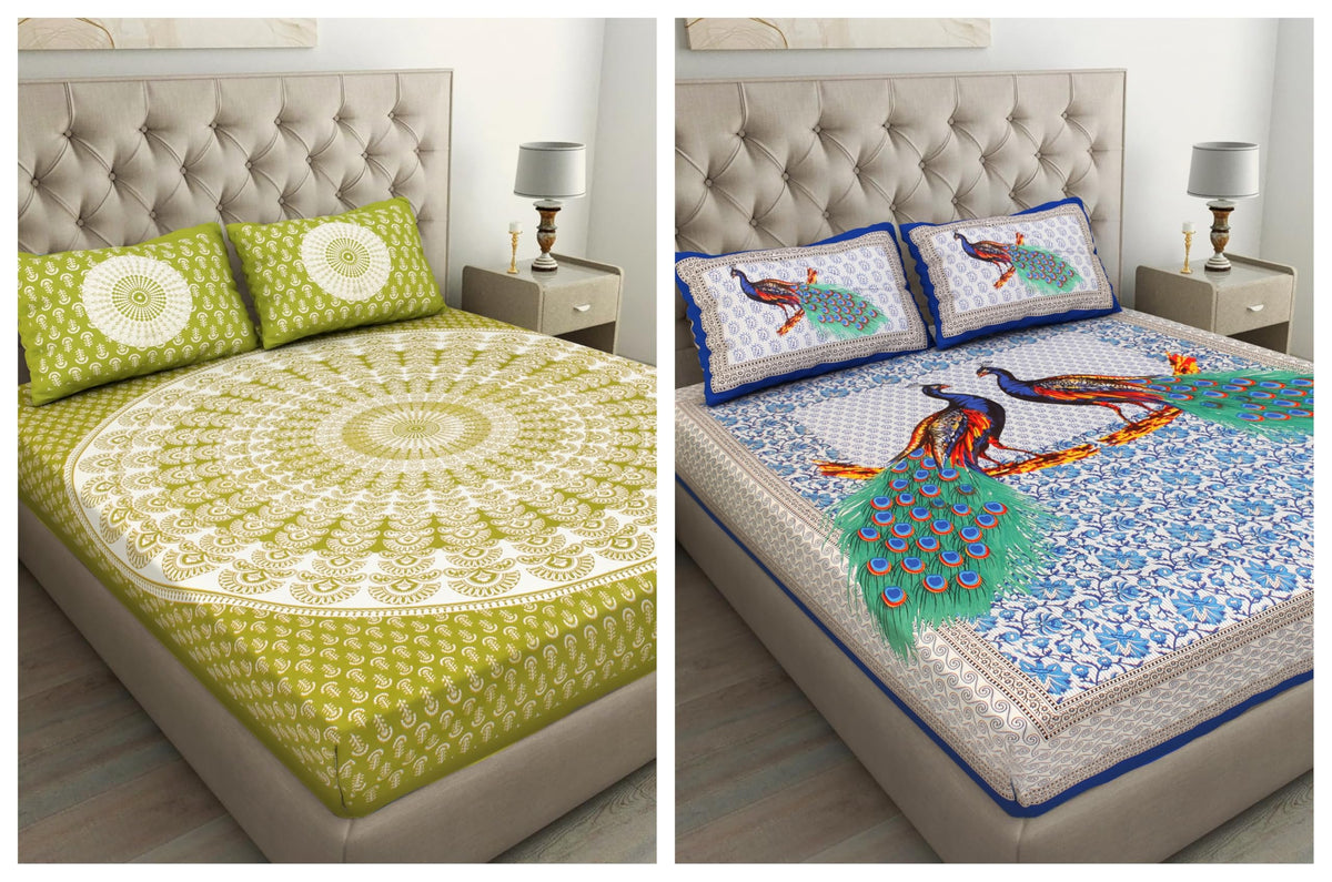 BedZone 100% Cotton Rajasthani Printed King Size bedsheets Combo Double Bed Set 2 Double Bedsheet with 4 Pillow Cover  Multicol