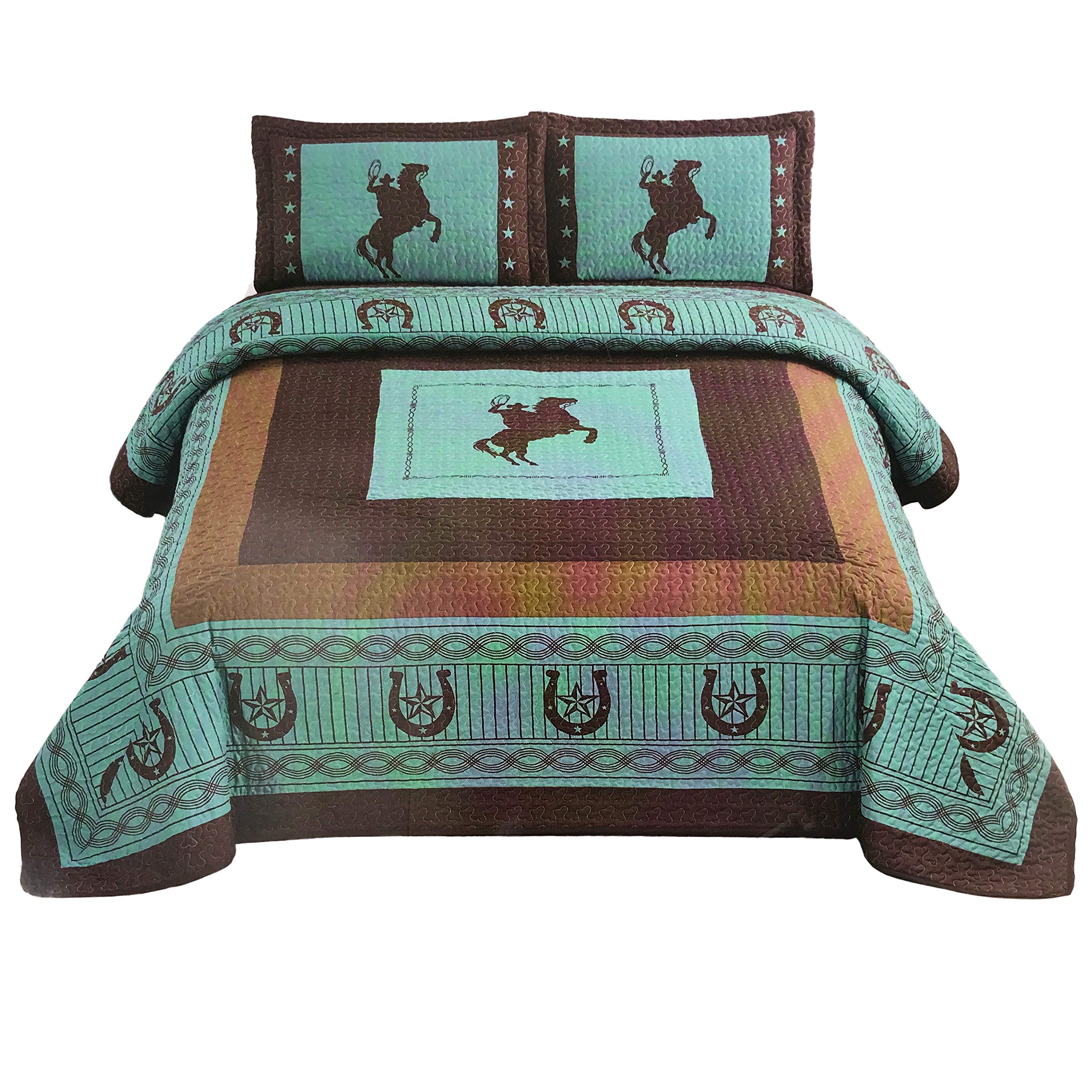 Western Collection New 3 Pieces Western Stars And Horses Cowboy Luxury Home Quilt Bedspread Oversize Comforter (King Turquoise H