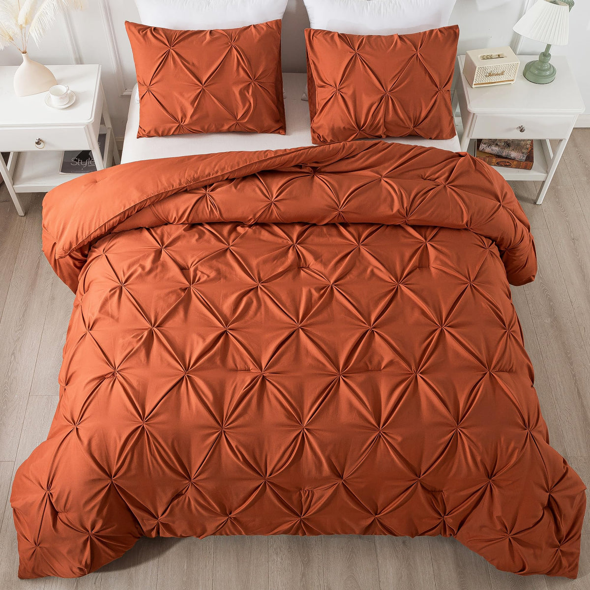 Andency California King Comforter Set Burnt Orange, Pinch Pleat Cal King Comforter Set 3 Pieces, Lightweight Soft Oversized King
