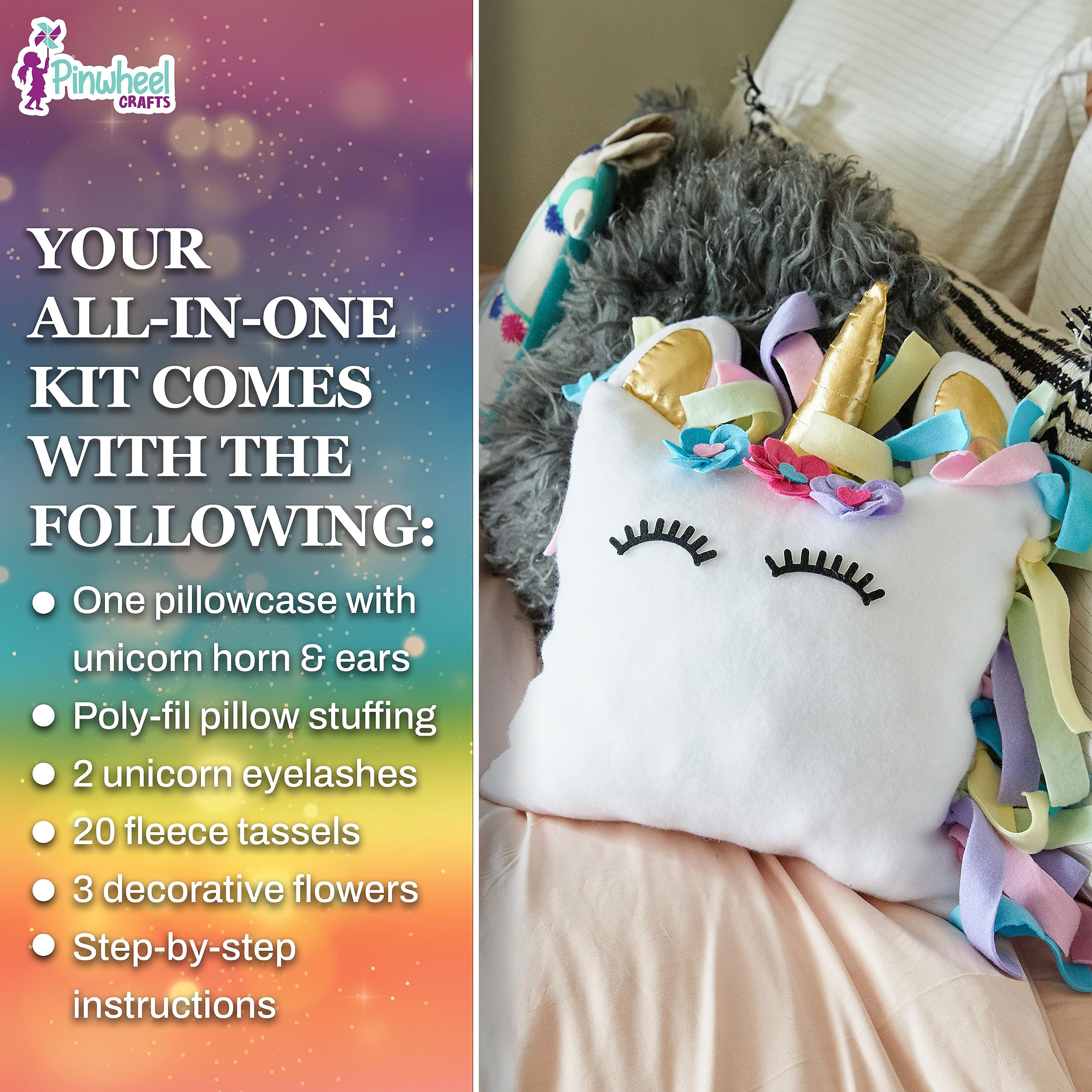 Unicorn Pillow Kit - No Sew Unicorn Craft Kit - Gifts For Girls, Arts And Crafts For Kids Ages 8-12 - Unicorn Toys For 6 Year Ol