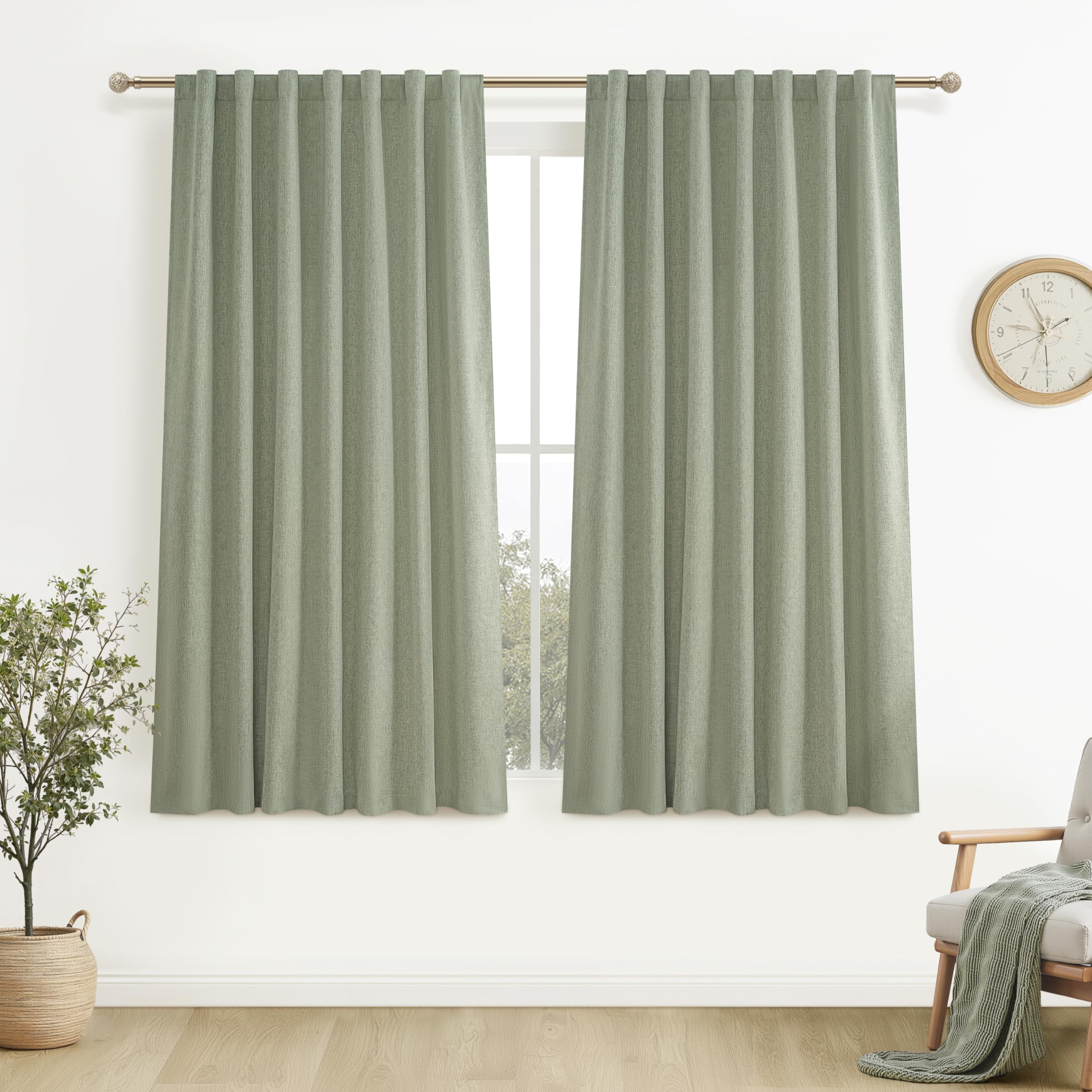 Sage Green Kitchen Curtains 54 Inch Length Small Basement Window Blackout Pleated Curtain for Winter Insulated Linen Cafe Classr