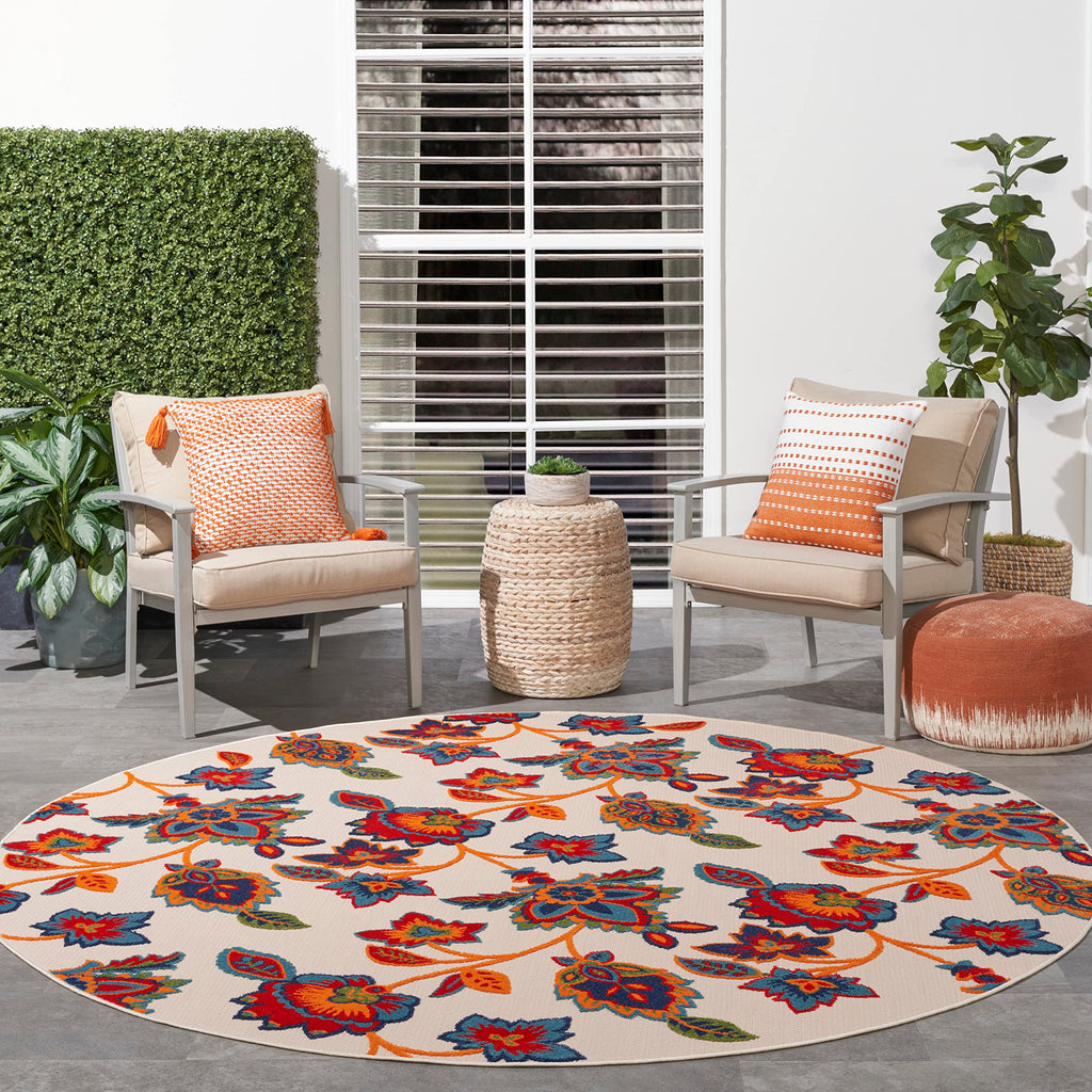 Nourison Aloha Indoor-Outdoor Modern Multicolor 7’10” X Round Area Rug, Easy Cleaning, Non Shedding, Bed Room, Living Room, Dining Room, Backyard, Deck, Patio (8 Round)