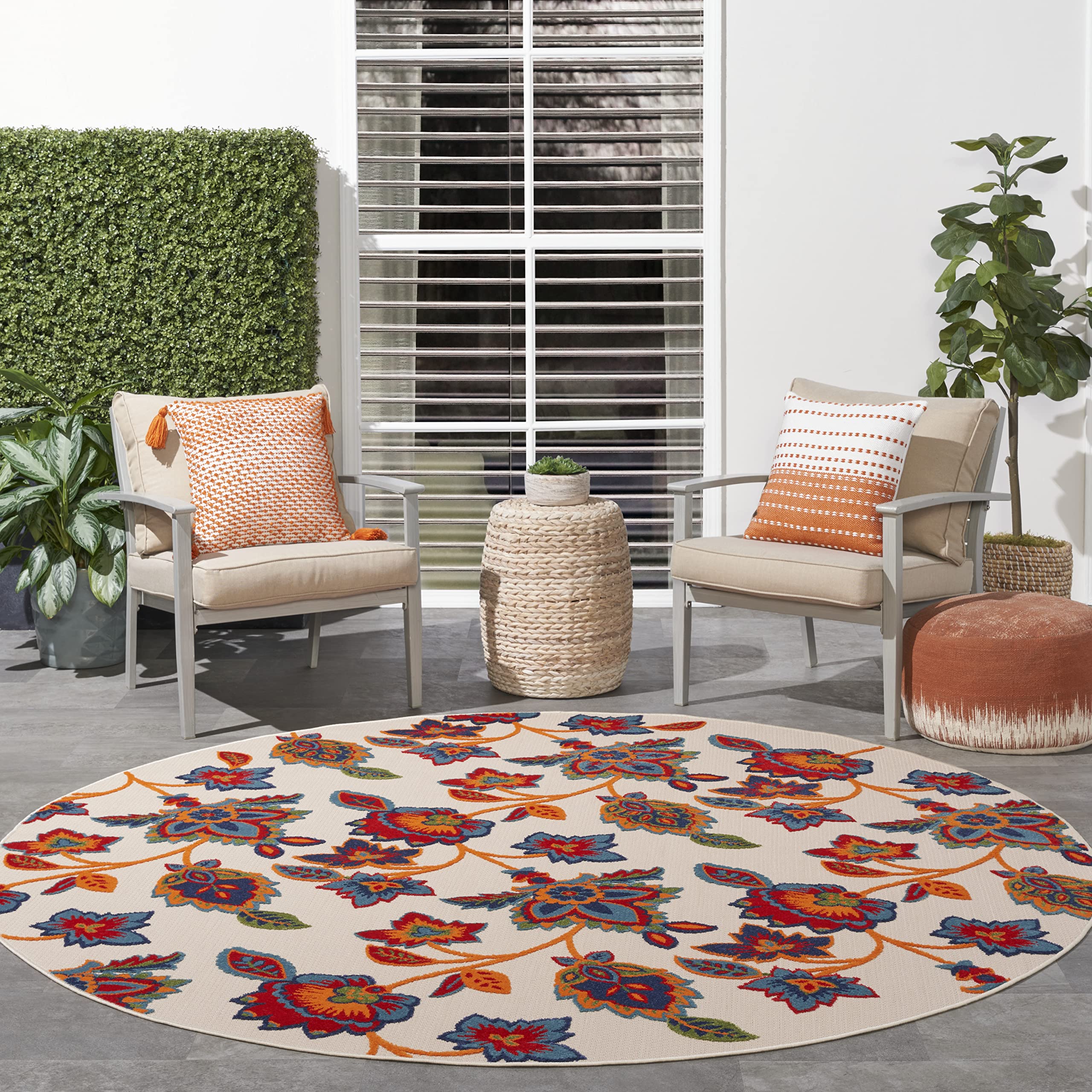 Nourison Aloha Indoor-Outdoor Modern Multicolor 7’10” X Round Area Rug, Easy Cleaning, Non Shedding, Bed Room, Living Room, Dining Room, Backyard, Deck, Patio (8 Round)