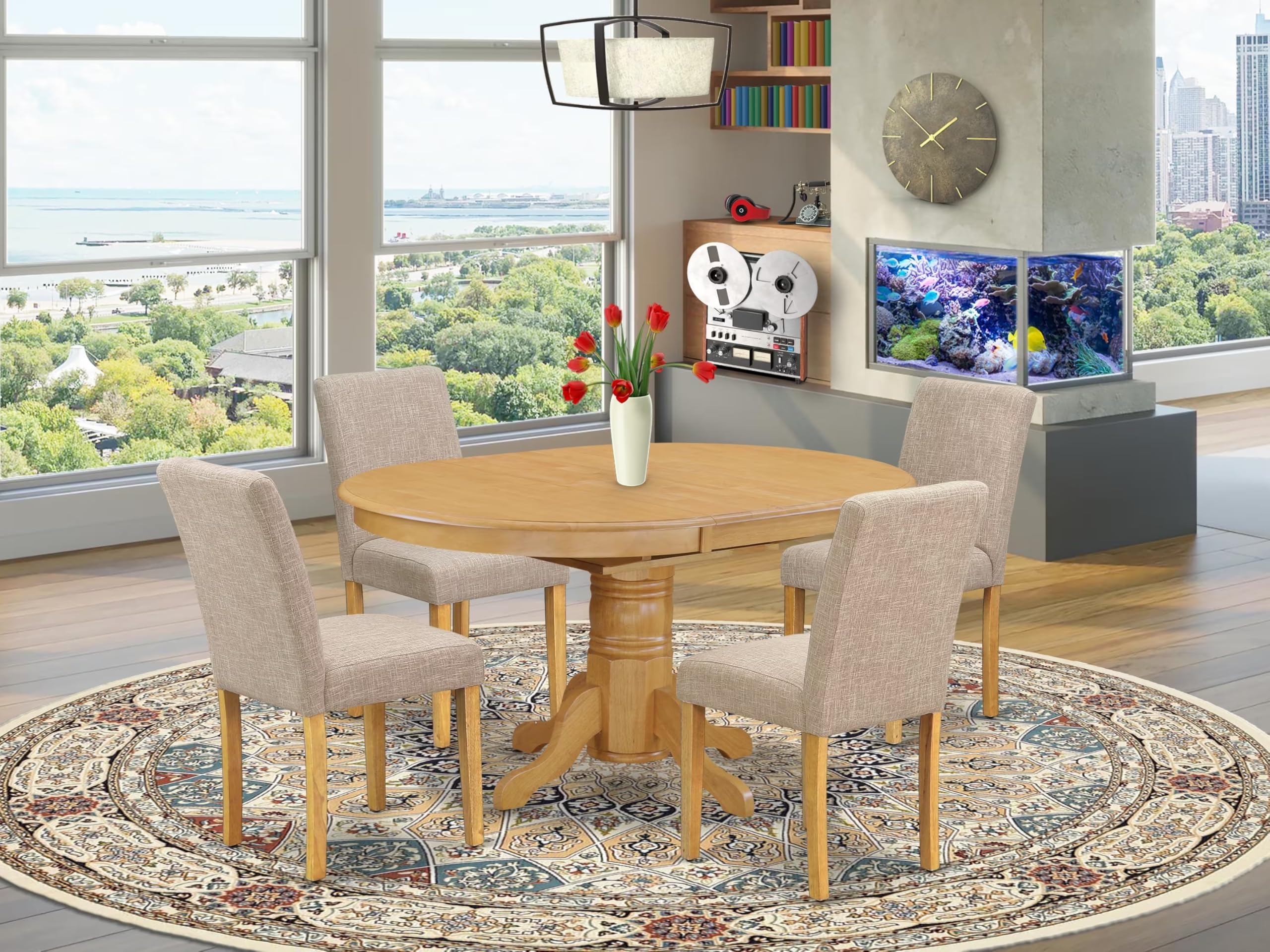 East West Furniture Avab5-Oak-04 5 Piece Dining Room Table Set Includes An Oval Kitchen Table With Butterfly Leaf And 4 Light Tan Linen Fabric Parson Dining Chairs, 42X60 Inch, Oak