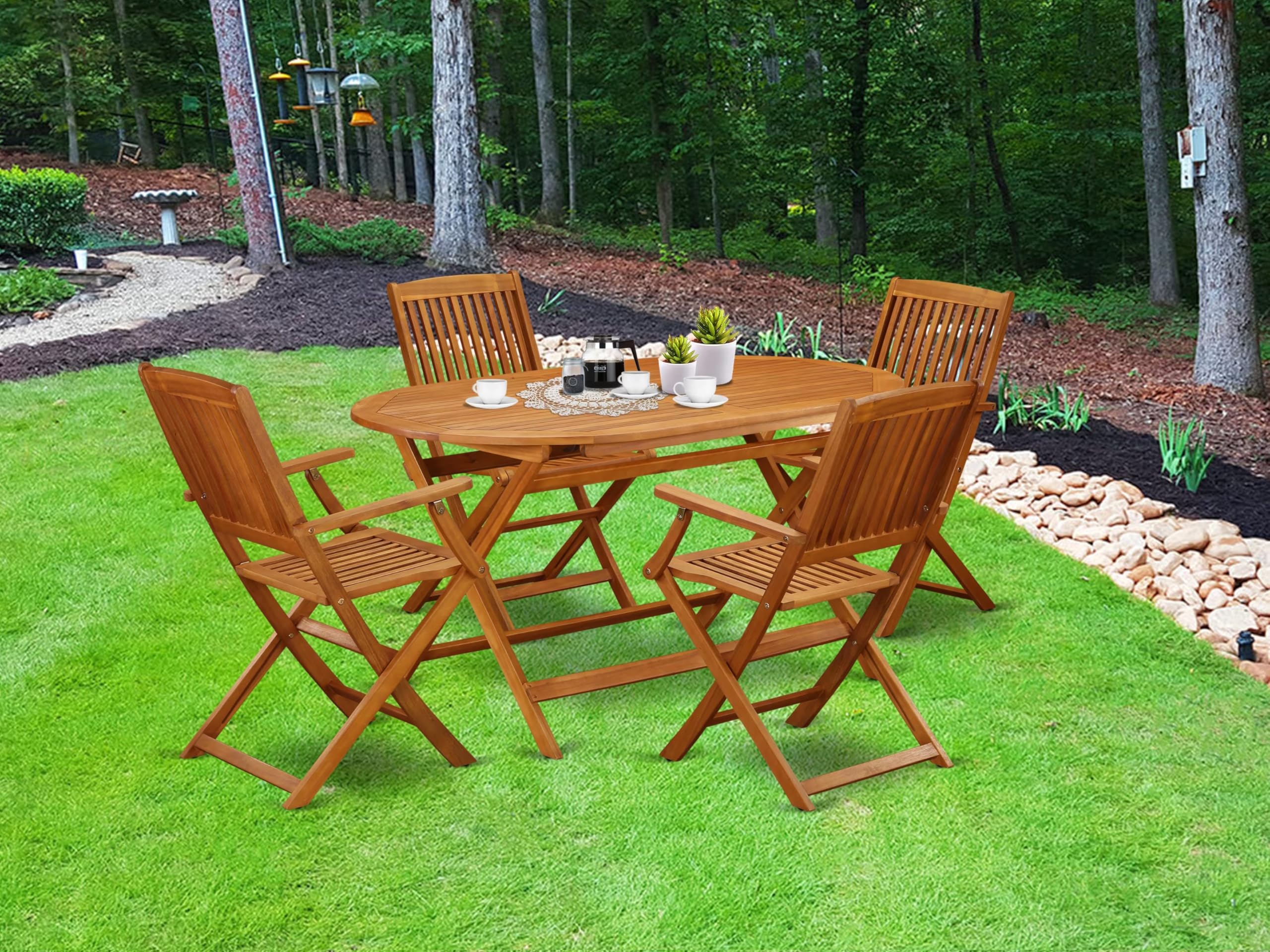 East West Furniture Dicm5Cana 5 Piece Patio Bistro Dining Furniture Set Includes An Oval Outdoor Acacia Wood Table And 4 Folding Arm Chairs, 36X60 Inch, Natural Oil
