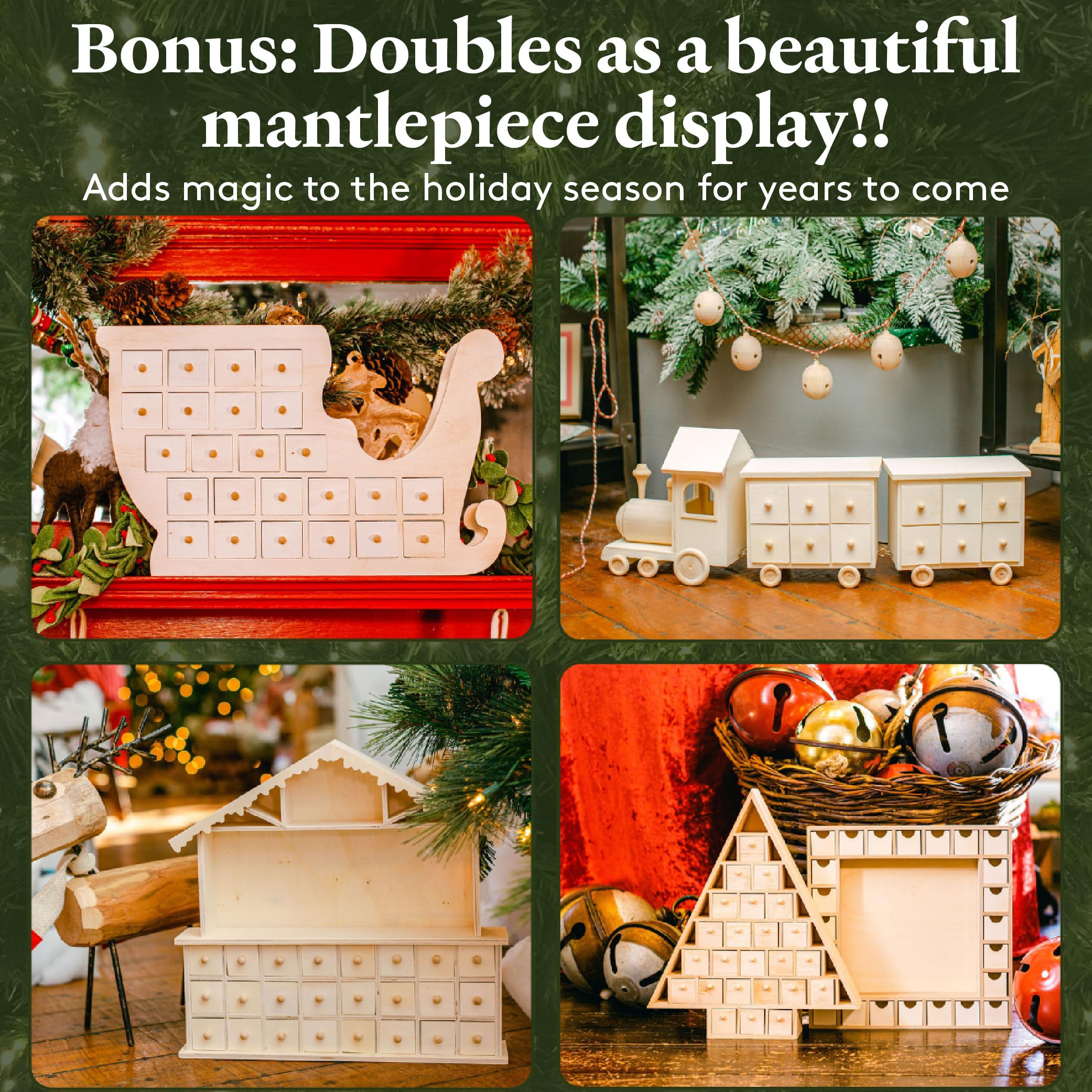 Sleigh Wooden Advent Calendar 12 X 20 Inch, Pack Of 4 Christmas Advent Calendar With 24 Empty Drawers For Crafts, By Woodpeckers