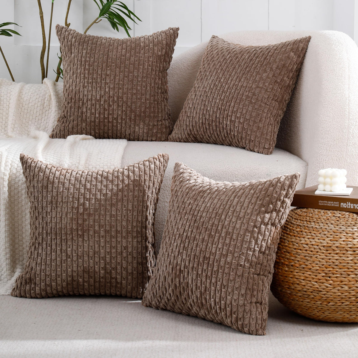 Vakado Couch Throw Pillow Covers 20X20 Set Of 4 Brown Vintage Decorative Corduroy Rustic Cushion Case Farmhouse Decor Square For