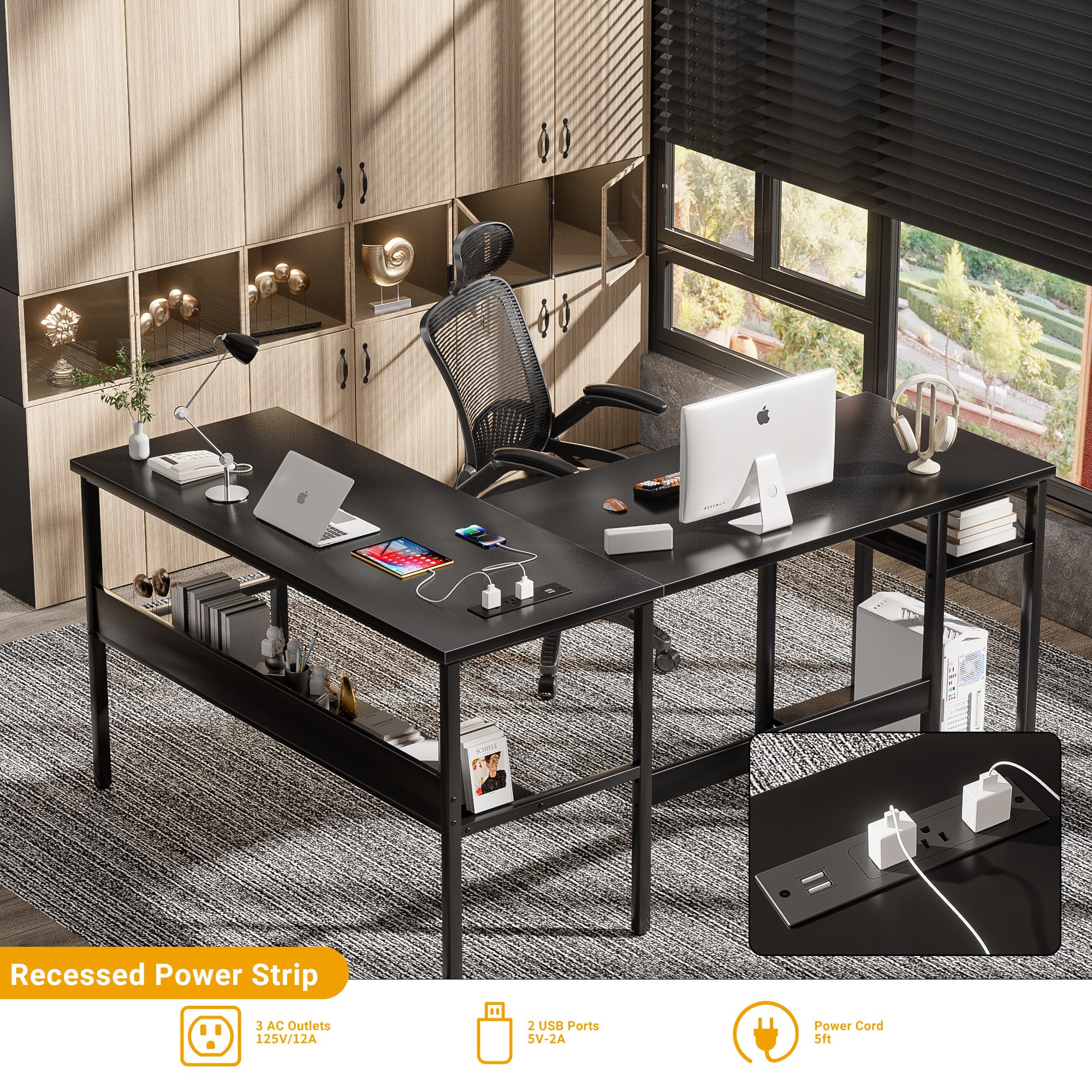 Unikito Reversible L Shaped Desk With Magic Power Outlets And Usb Charging Ports, Sturdy Corner Computer Desk With Storage Shelves, Gaming Table Home Office Desk, Easy To Assemble, Black