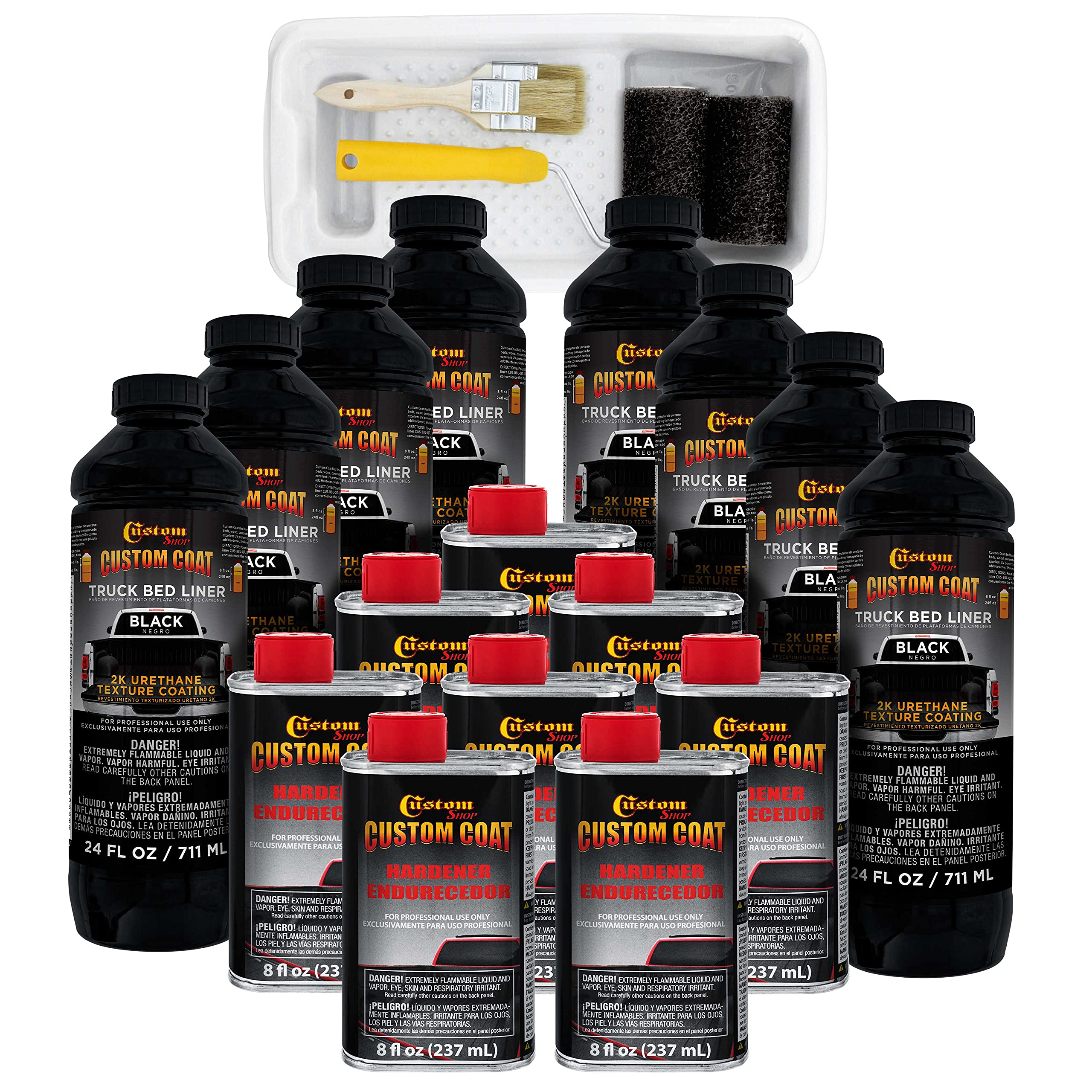 Custom Coat Black 2 Gallon Urethane Roll-On, Brush-On Or Spray-On Truck Bed Liner Kit With Roller And Brush Applicator Kit - 3 T
