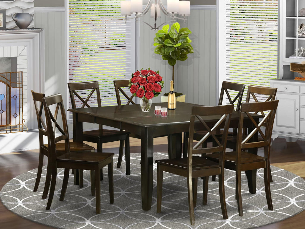 East West Furniture PFBO9-CAP-W 9 Piece Modern Dining Table Set Includes a Square Wooden Table with Butterfly Leaf and 8 Kitchen Dining Chairs, 54x54 Inch, Cappuccino