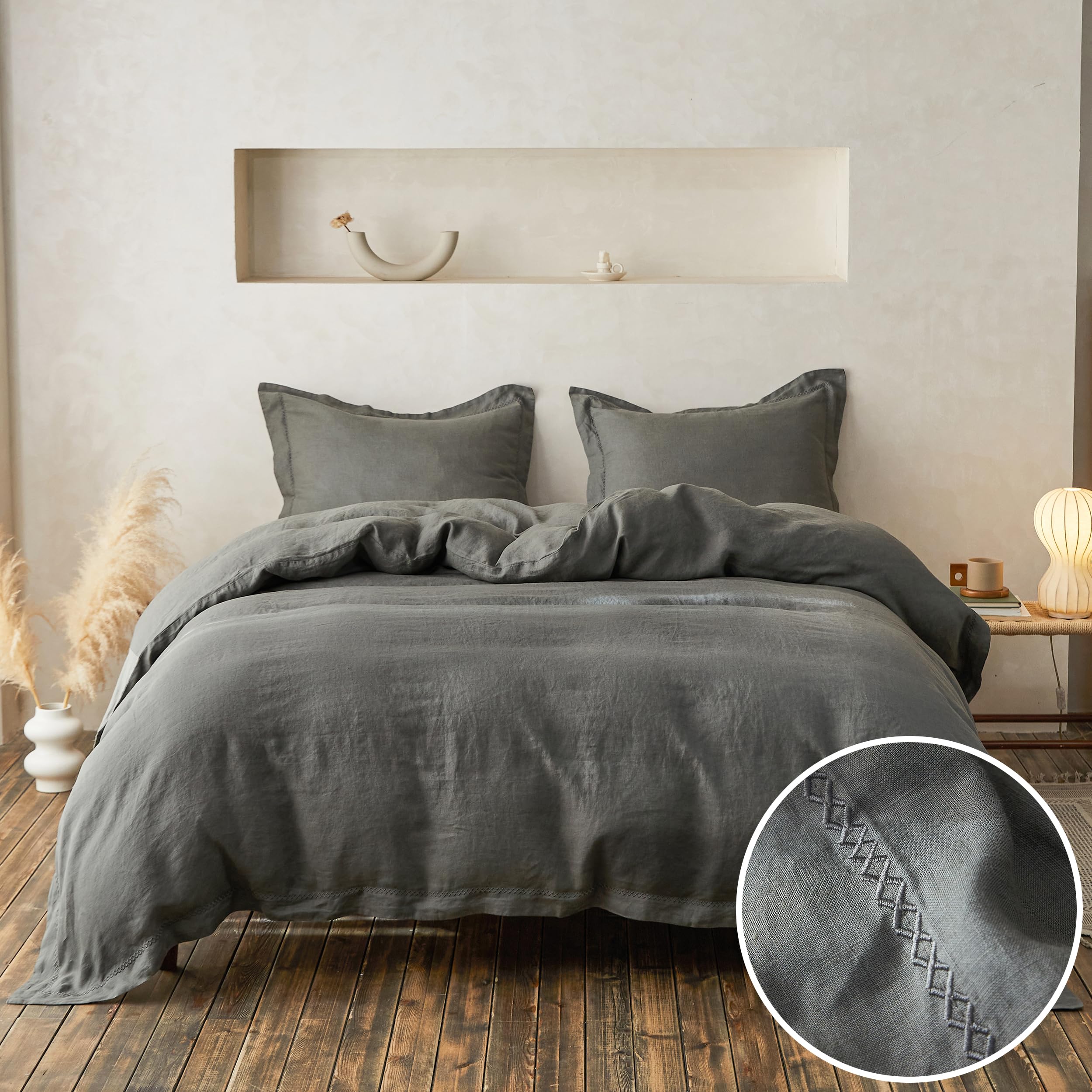 Simple&Opulence 100% Linen Duvet Cover Set With Crossed Embroidery Washed - 3 Pieces (1 Duvet Cover With 2 Pillow Shams) Soft Breathable Farmhouse - Cushing Green, Queen Size