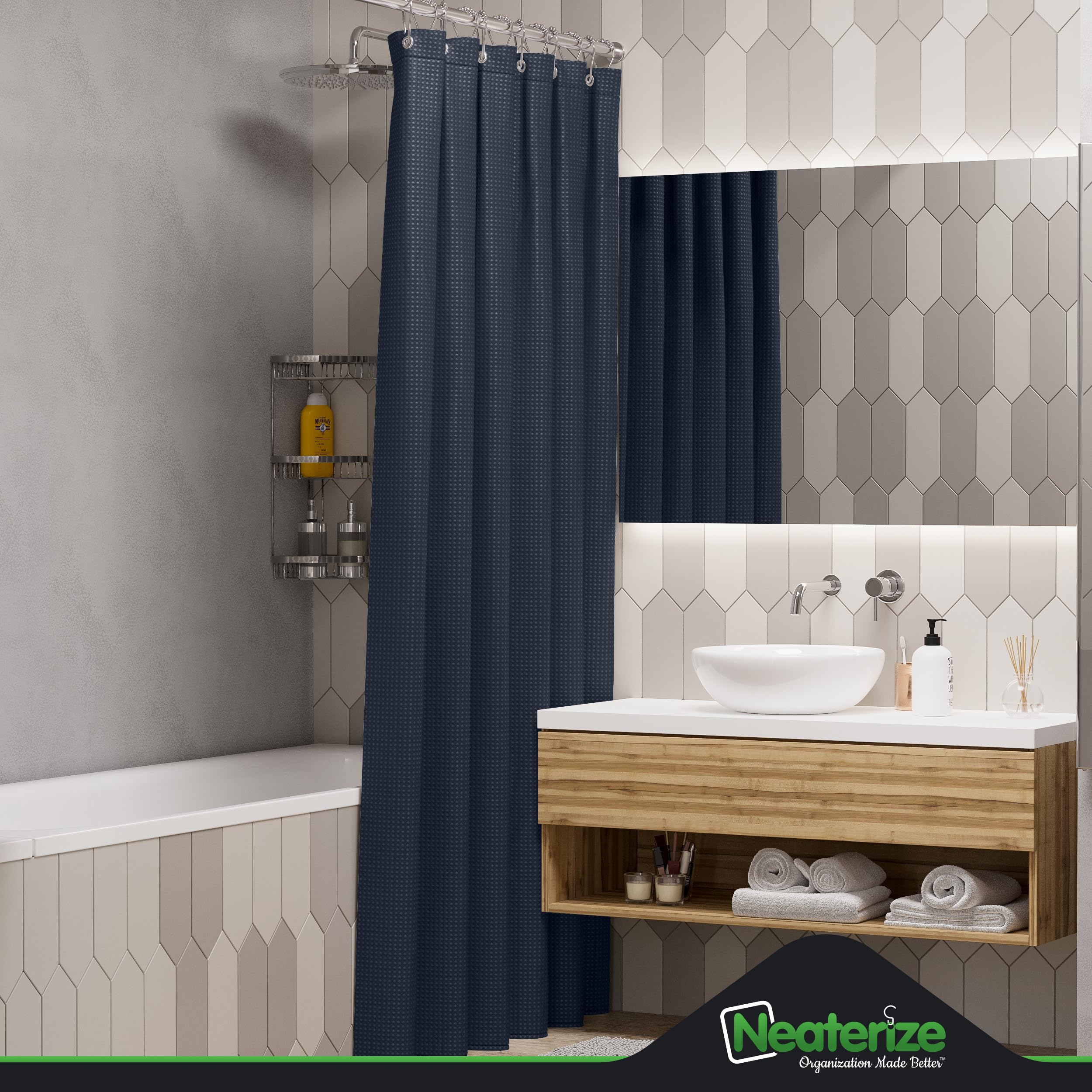 Neaterize Shower Curtain Navy Blue - Hotel Style Shower Curtains For Bathroom With Waffle Design, 72X84 Inches - Fabric Shower C
