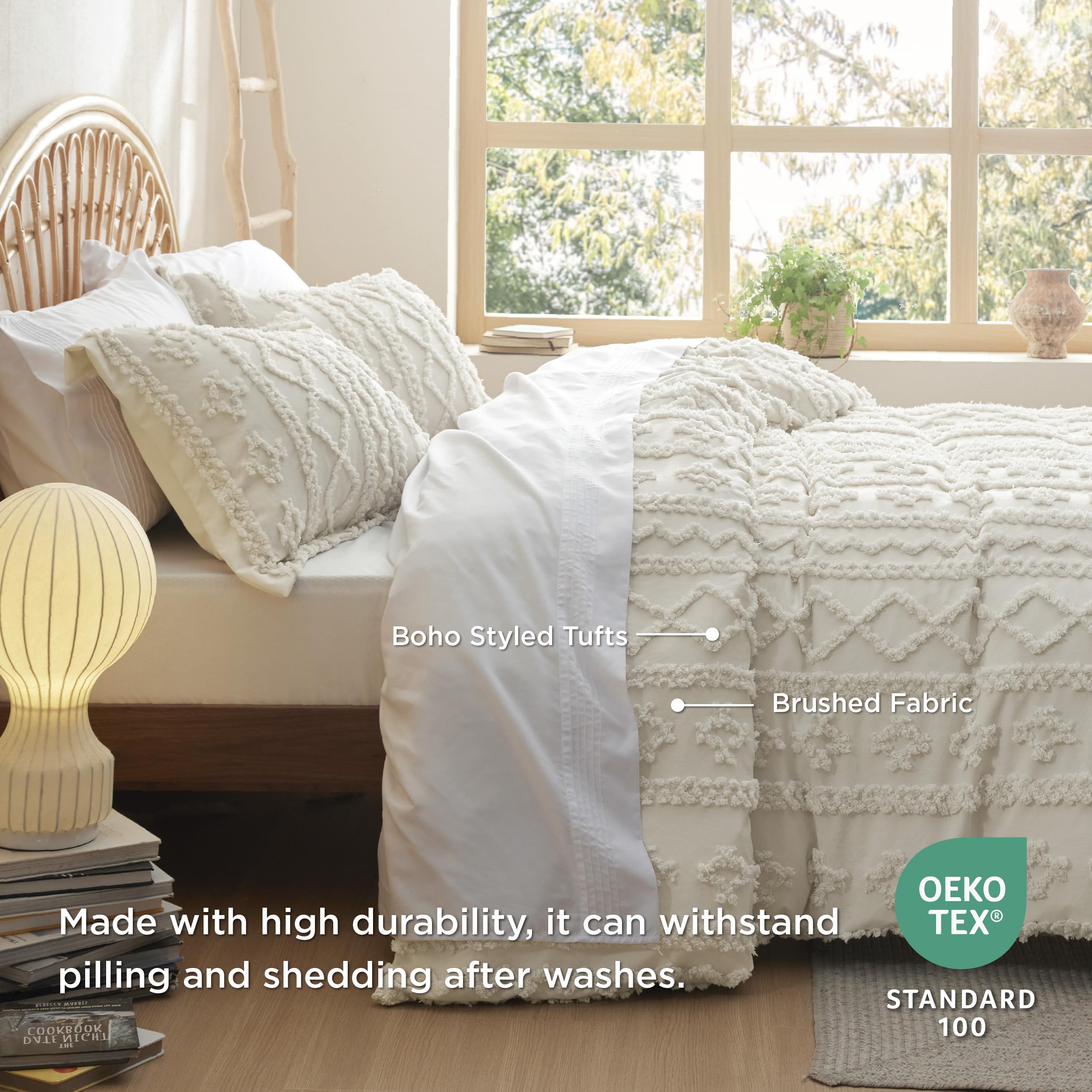 Bedsure Boho Cal King Duvet Cover - Tufted Cal King Duvet Cover Set For All Seasons, 3 Pieces Soft Shabby Chic Embroidery Boho Bedding, Comforter Not Included (Beige, 104' X 98')