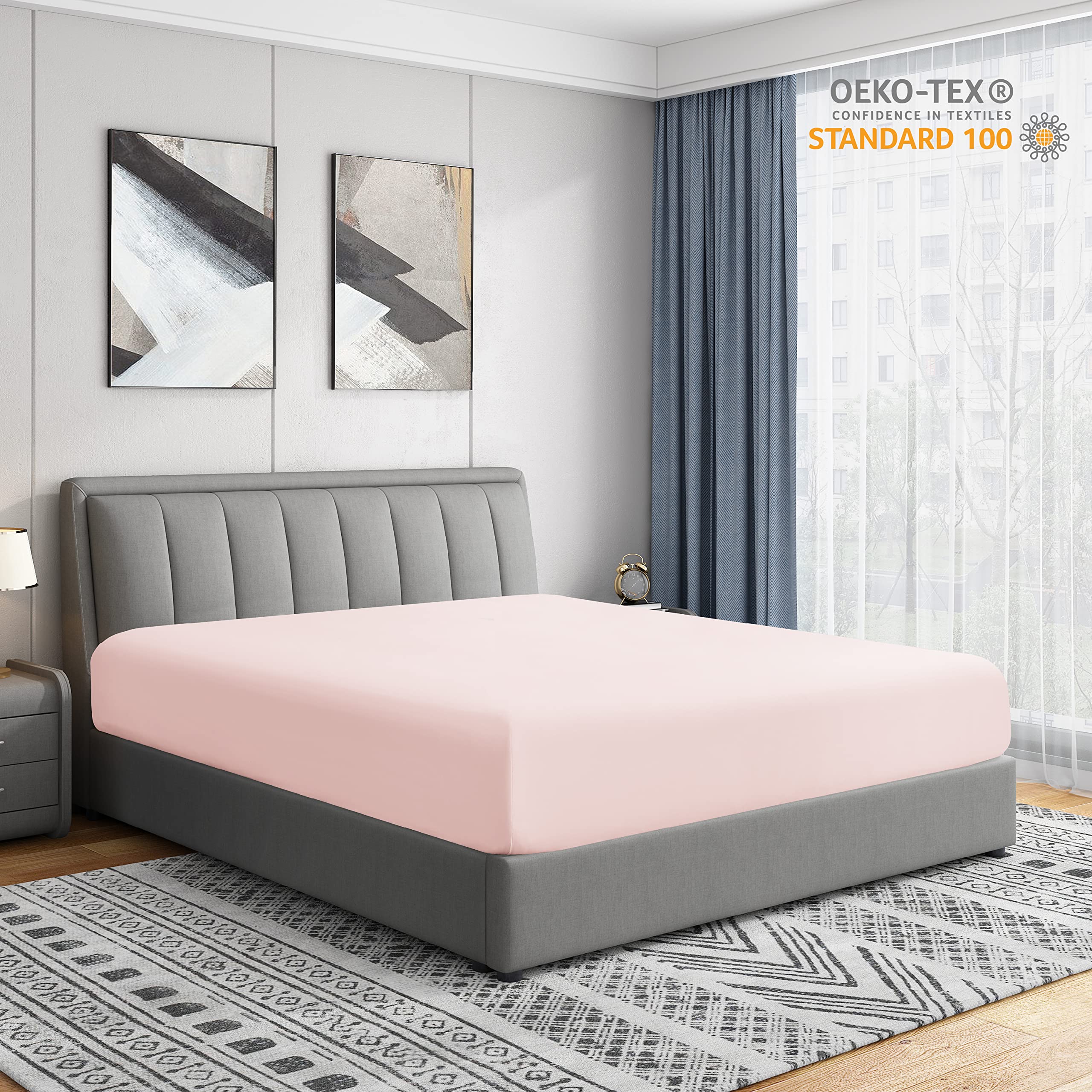 Cathay Home Twin Fitted Sheet - Double Brushed Ultra Soft – Wrinkle & Fade Resistant - 16' Deep Pocket Fitted Sheet Only - Good Fit For 14'-18' Deep Mattress (Twin, Blush)