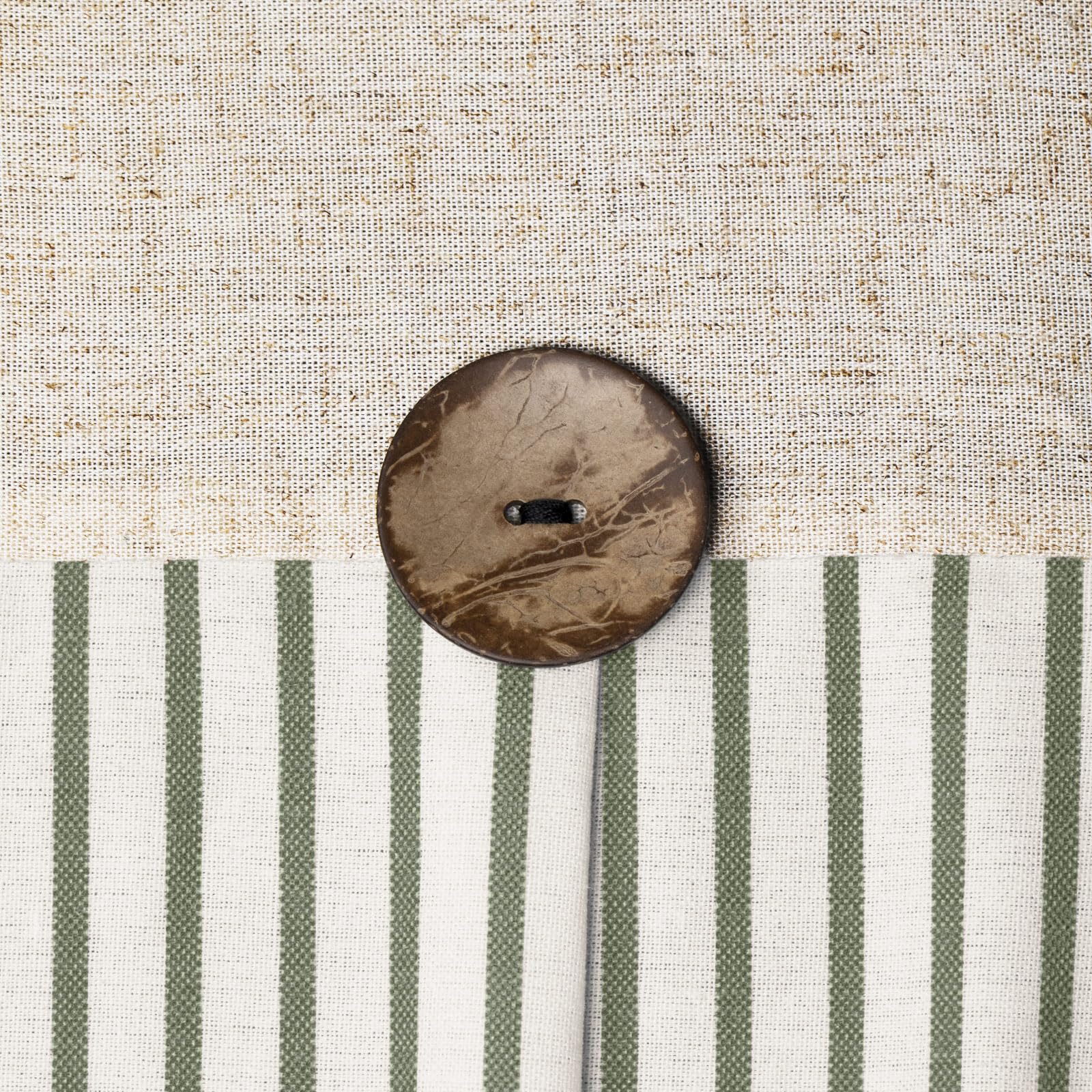 Awellife Linen Button Farmhouse Beige Shower Curtain,Linen And Cotton Woven Fabric,Pleated Green Stripe,Country Style (72' L X 72' W)