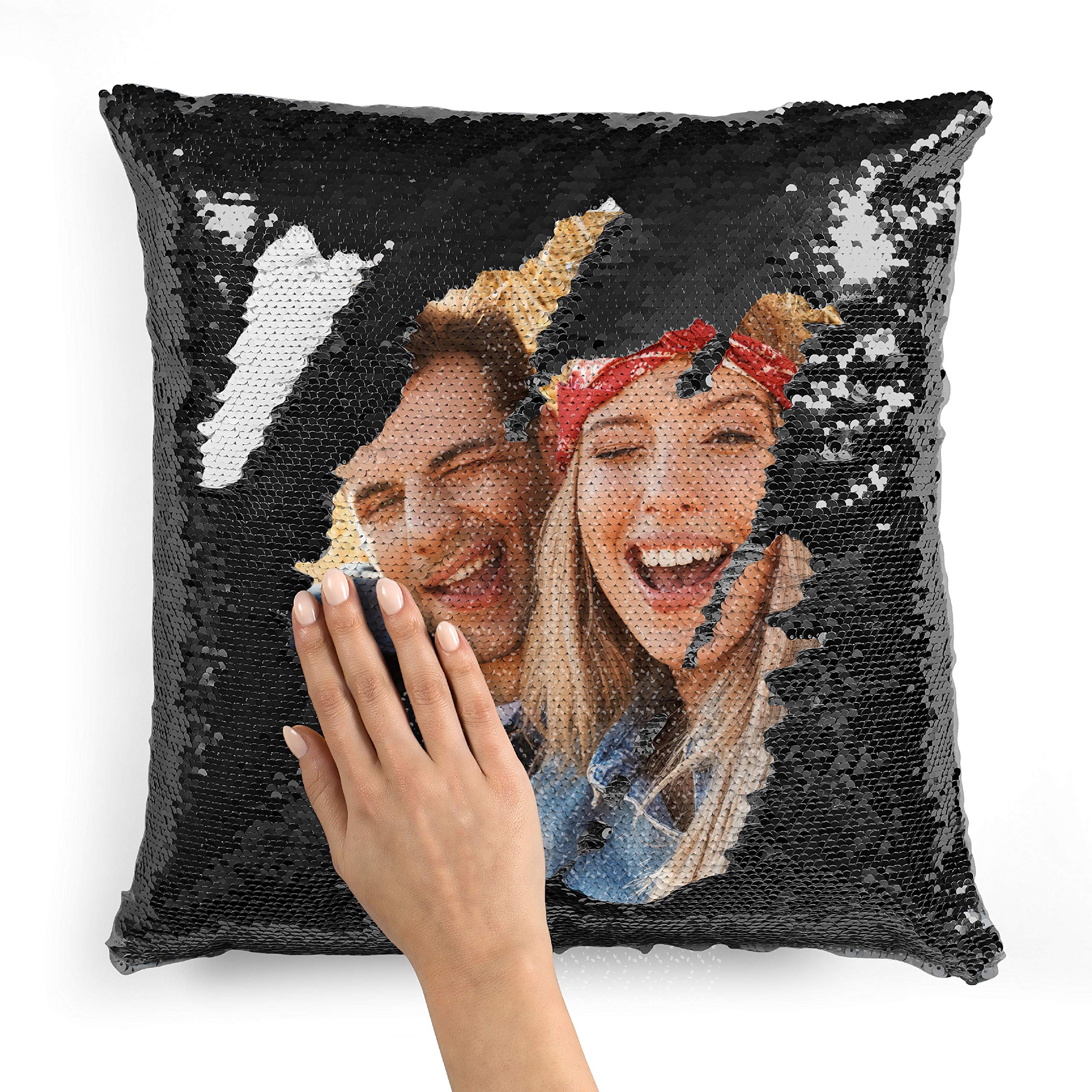 Custom Photo Sequin Pillow Cases | Black Mermaid Cover W Any Picture | Magic Reversible Throw Pillowcase Decorative Cushion, Gif