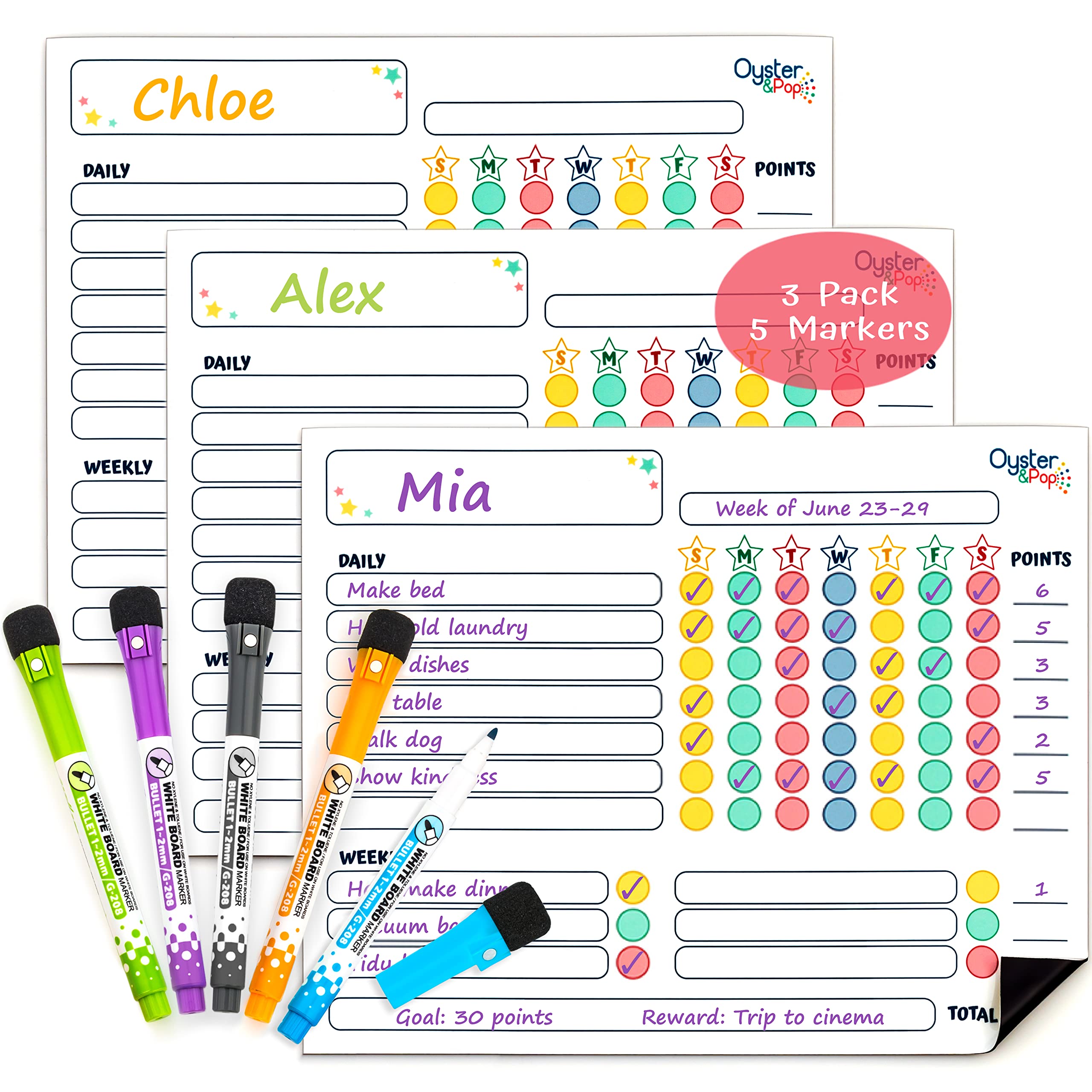Magnetic Chore Chart 3Pcs For Multiple Kids & Adults - 5 Fine Tip Markers - Dry Erase Refrigerator Boards - Reward Good Behavior