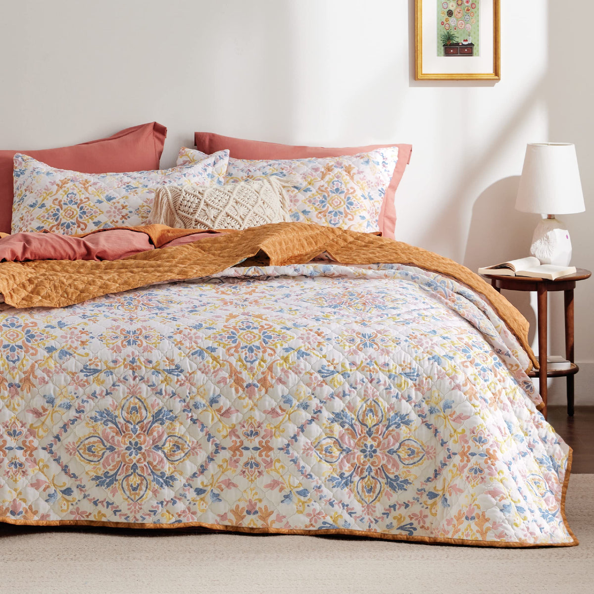 Bedsure Boho Quilt Set King - Reversible Orange Bohemian Quilt Bedding Set, 3 Pieces Lightweight Microfiber Bedspread, Damask Pa