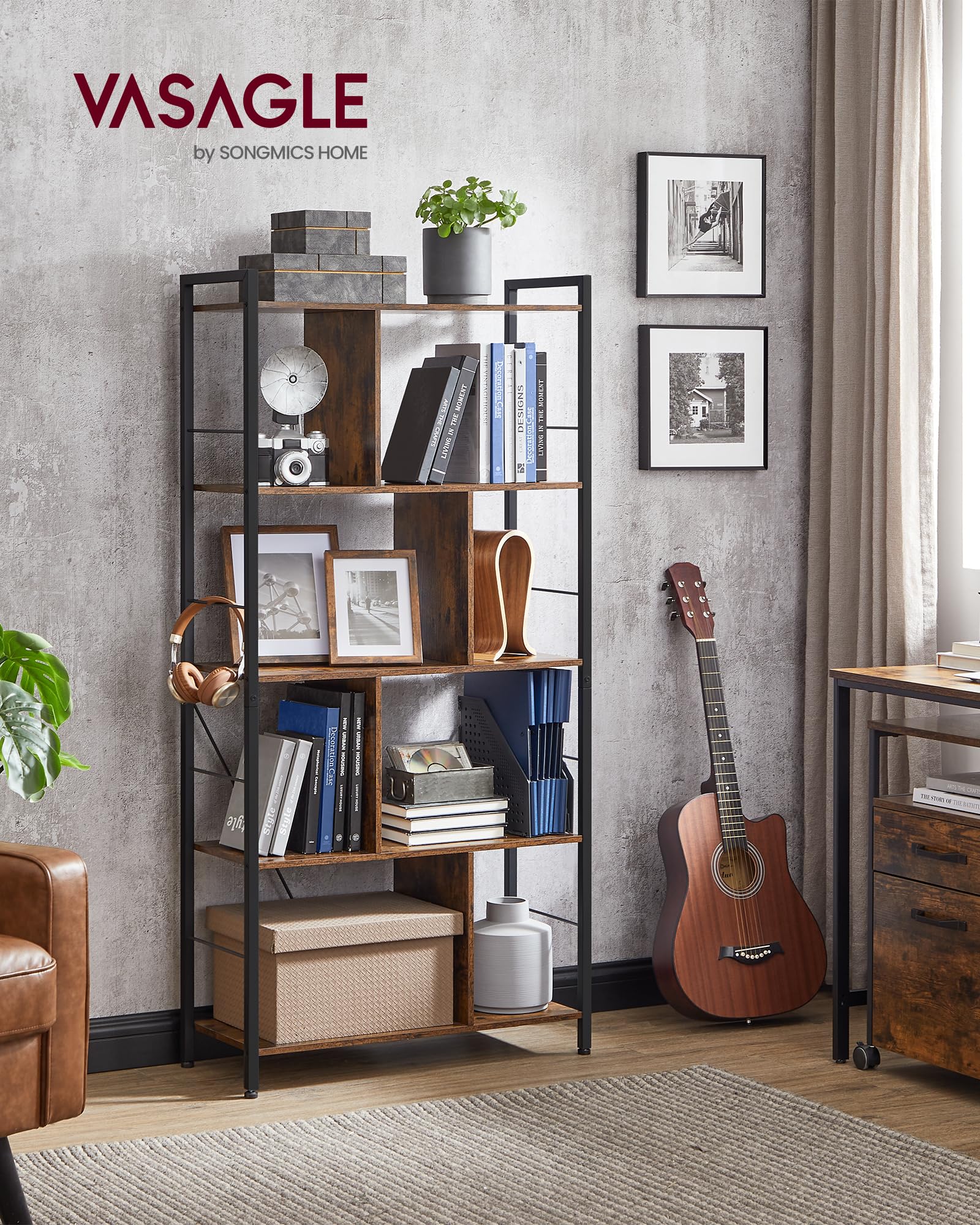 Vasagle Bookshelf, 5-Tier Bookcase, Storage Shelving Unit, Display Shelf With Open Compartments For Living Room, Home Office, Bedroom, Industrial, Rustic Brown And Black Ulbc121B01