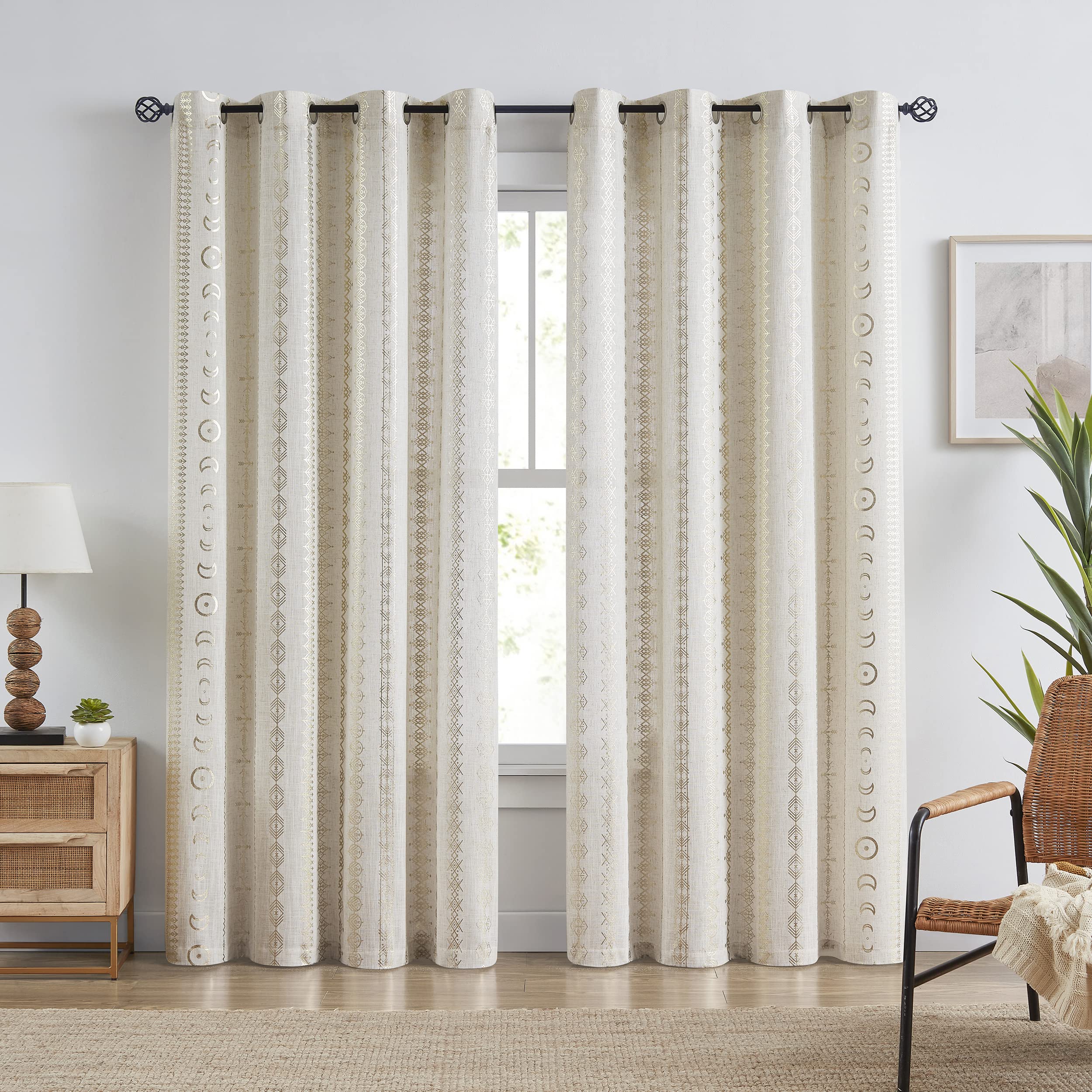 Sxzjtex Gold Aztec Light Filtering Curtains For Living Room 2 Panels, Boho Tribal Geometric Print Window Curtains For Bedroom, G