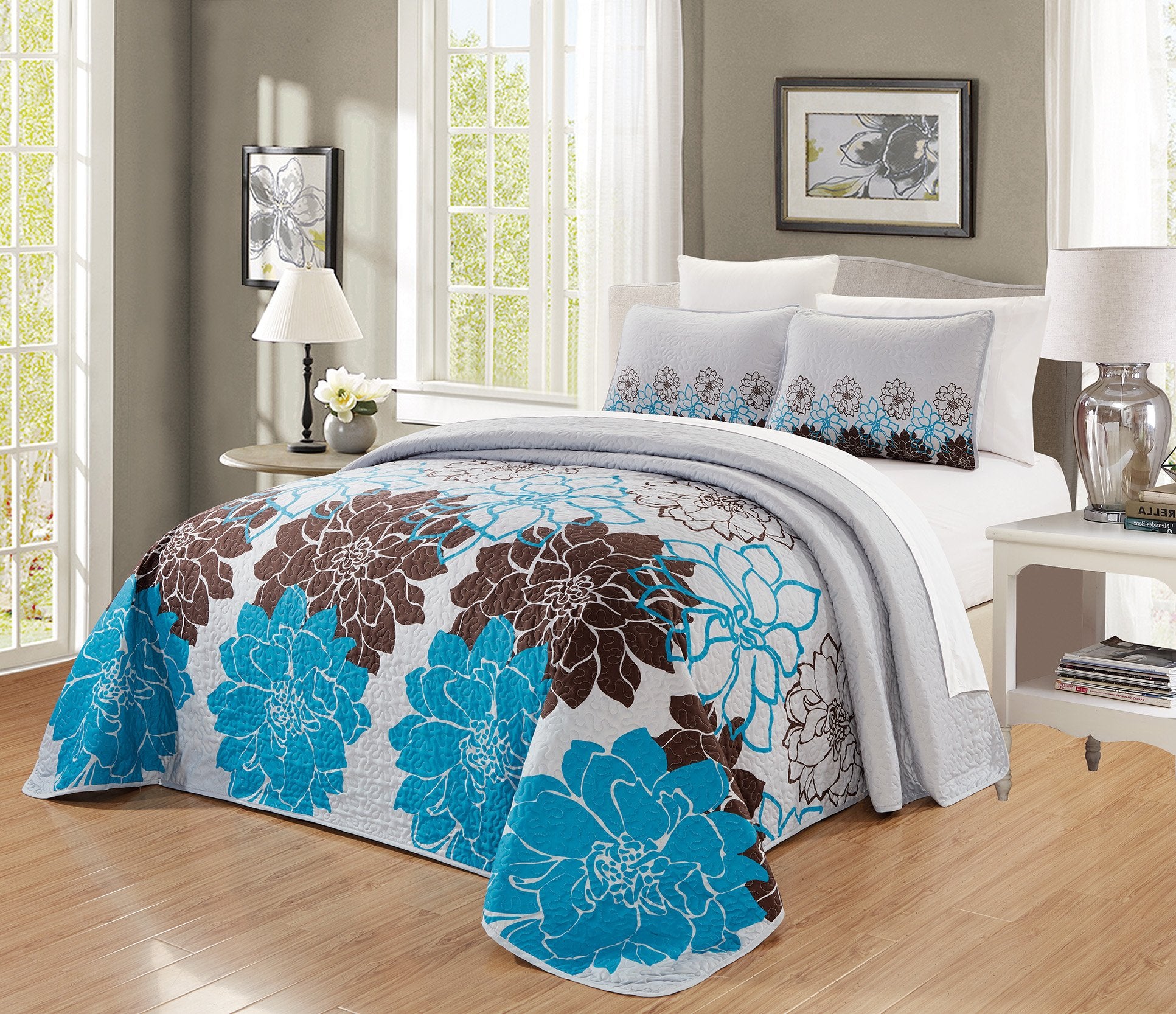 3-Piece Fine Printed Oversize (100' X 92') Tropical Palm Tree Queen Size Quilt Set Reversible Bedspread Coverlet Bed Cover (Be