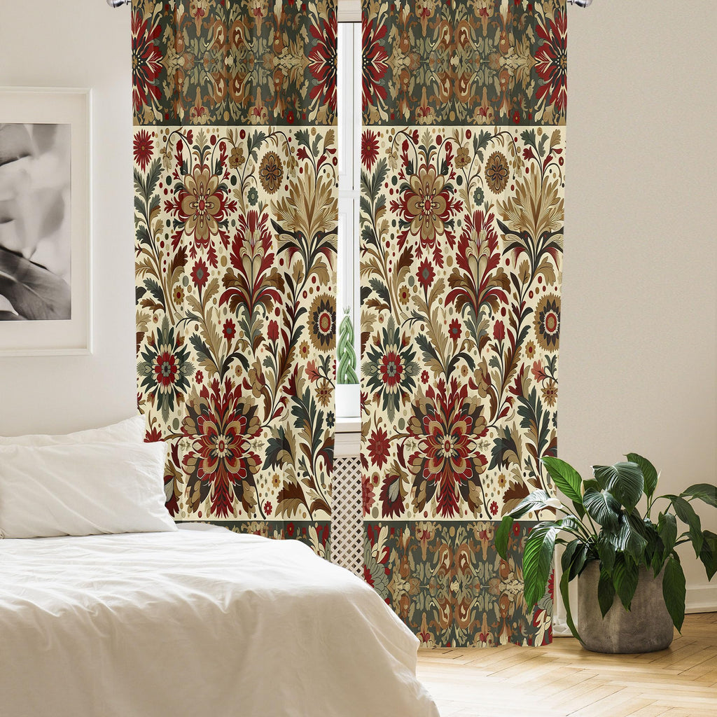 Ambesonne Floral Art Curtains, Ethnic Oriental Curlicue Leaves Greenery With Trippy Flowers Bohemian, Window Treatments 2 Panel