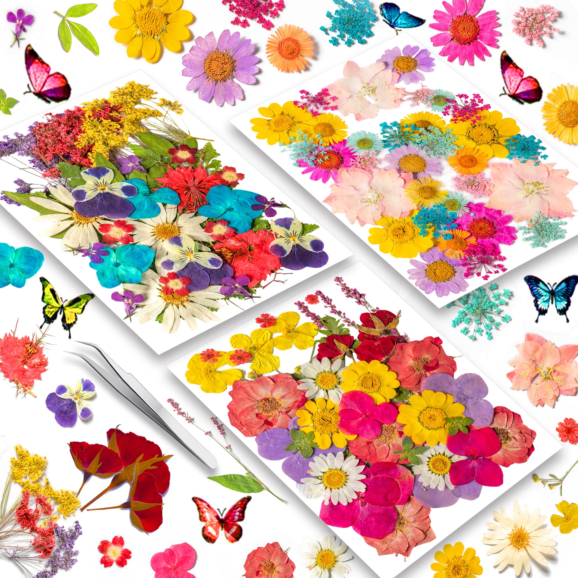 151Pcs Real Nature Dried Pressed Flowers For Resin Mold, Dry Pressing Floral With Butterfly Transparent Stickers Set For Diy Jew