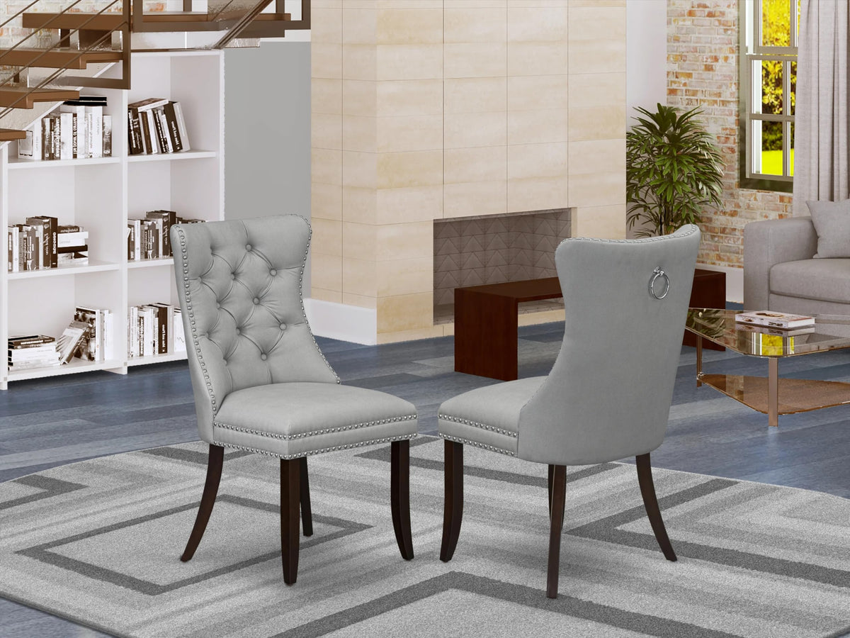 East West Furniture Dap3F27 Dallas Parson Dining Room Chairs - Button Tufted Nailhead Light Gray Faux Leather Upholstered Chairs, Set Of 2, Mahogany