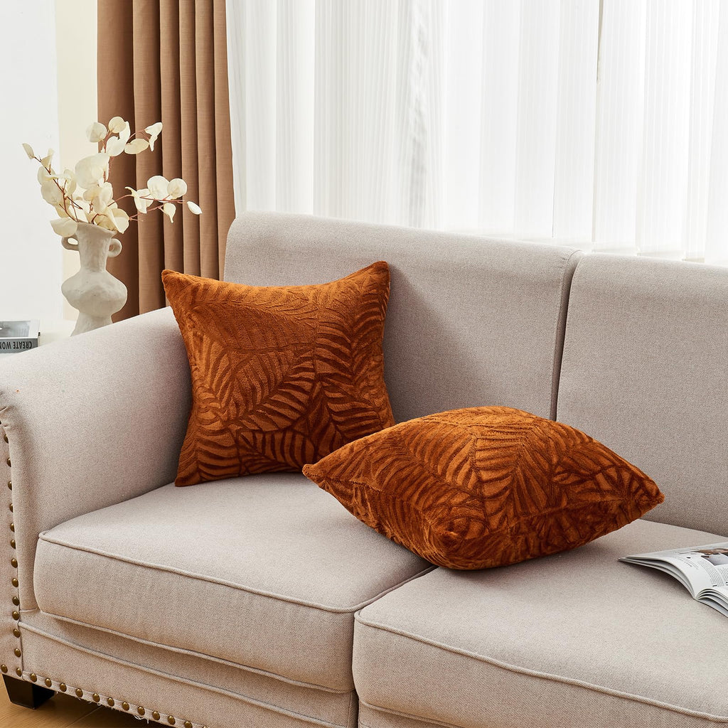 Sochow Fall Decorative Throw Pillow Covers 20X20 Inches Set Of 2, Soft Leaves Textured Flannel Fleece Pillowcase Square Cushion