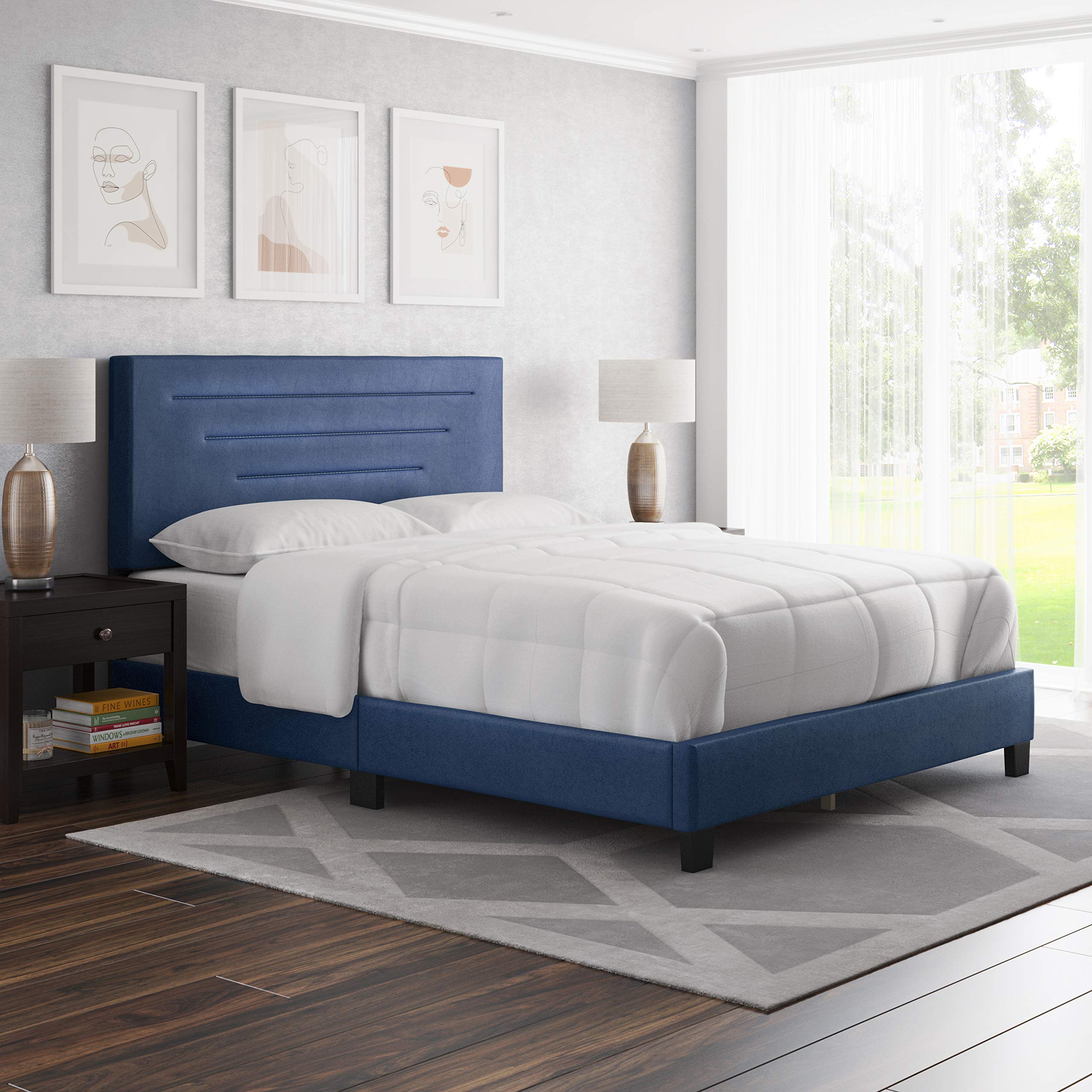 Boyd Sleep Luxenbourg Upholstered Platform Bed with Headboard and Durable Mattress Foundation with Strong Wood Slat Supports, Box Spring Required: King, Blue