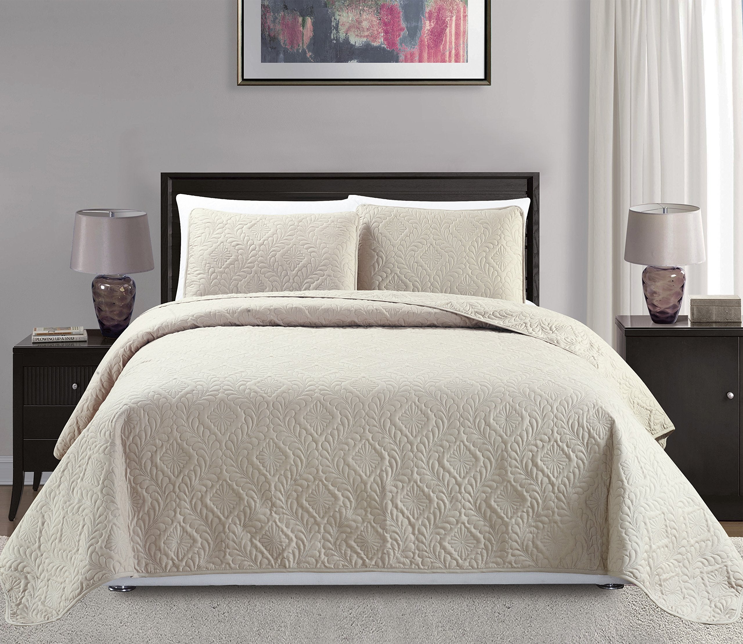 Mk Collection 3Pc King/California King Over Size Diamond Bedspread Bed Cover Embossed Solid Beige New