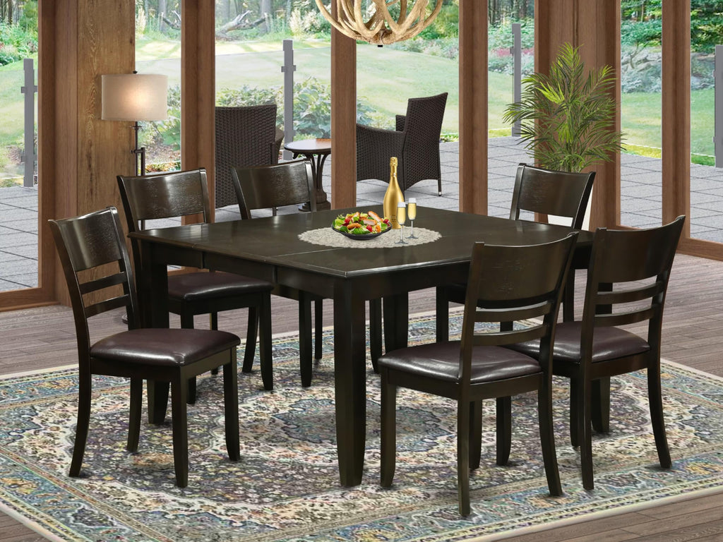 East West Furniture PFLY7-CAP-LC 7 Piece Kitchen Table & Chairs Set Consist of a Square Dining Table with Butterfly Leaf and 6 Faux Leather Dining Room Chairs, 54x54 Inch, Cappuccino