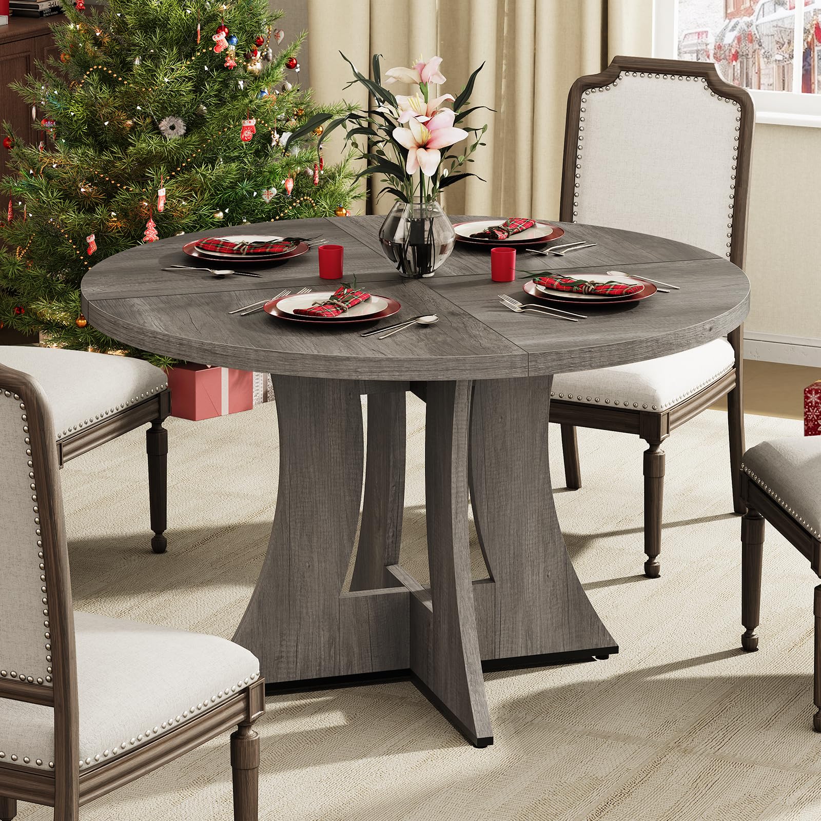 Onbrill 47.2 Inch Round Dining Table For 4-6 People, Wood Kitchen Table For Dining Room Living Room, Small Circle Farmhouse Dinn