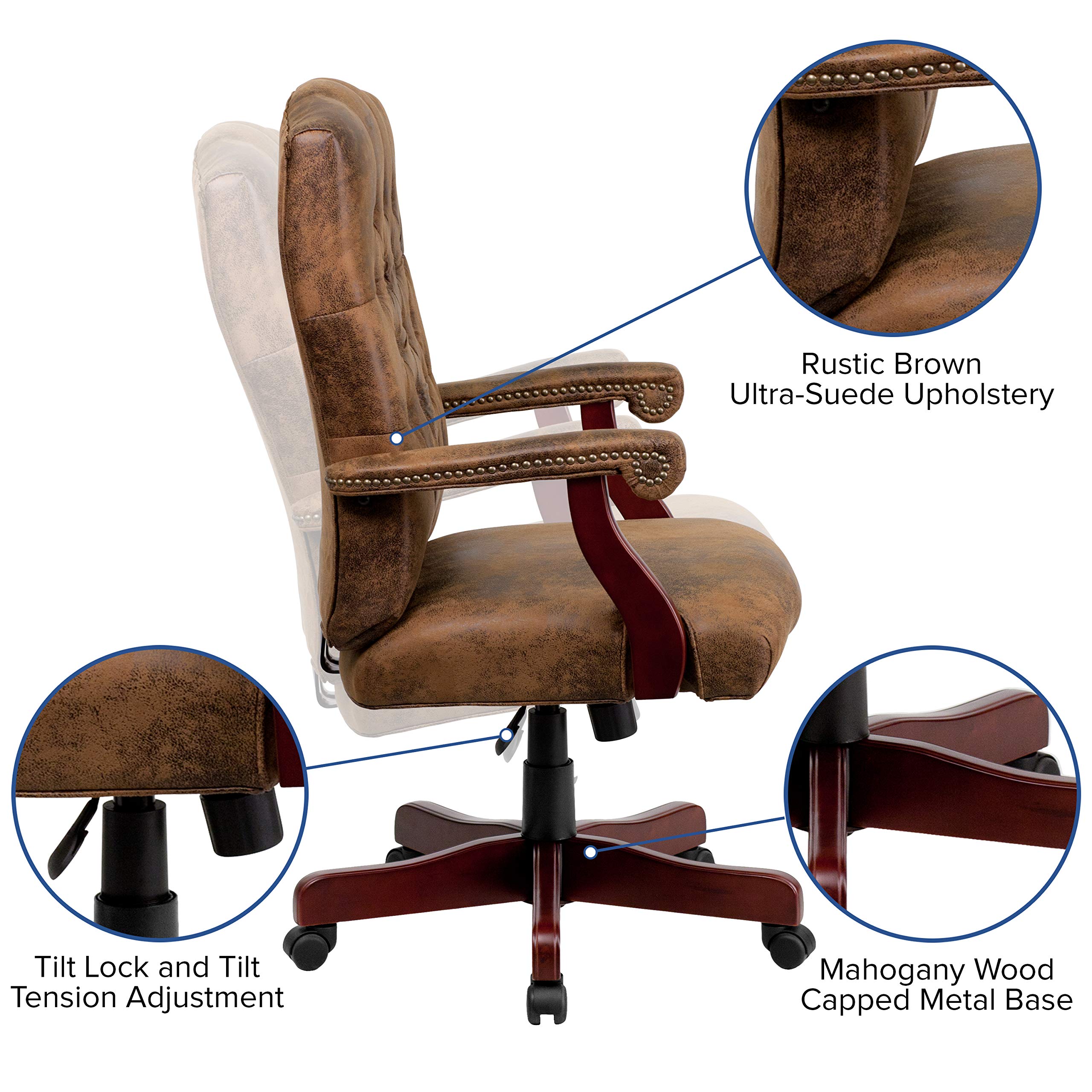 Flash Furniture Derrick Traditional Microfiber Tufted Swivel Office Chair with Wood Base, Ergonomic Farmhouse High-Back Desk Chair, Bomber Brown