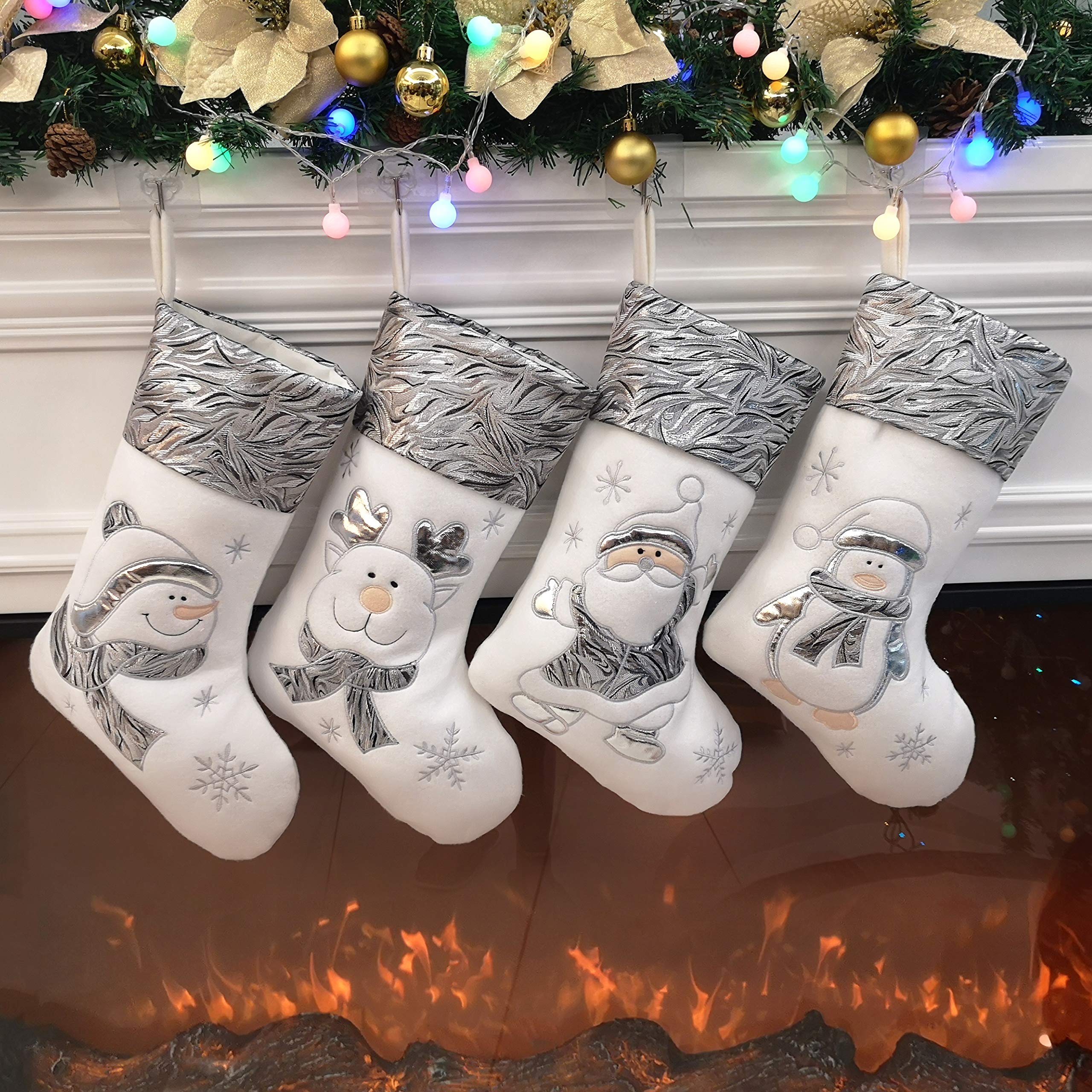 BSTAOFY Christmas Stockings Set of 4 Soft Non-Woven Patterned Santa Claus Animals Socks for Assorted Xmas Tree Hanging Decor Par