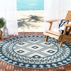 Safavieh Veranda Collection Area Rug - 8' Round, Ivory & Blue, Boho Design, Non-Shedding & Easy Care, Indoor/Outdoor & Washable-