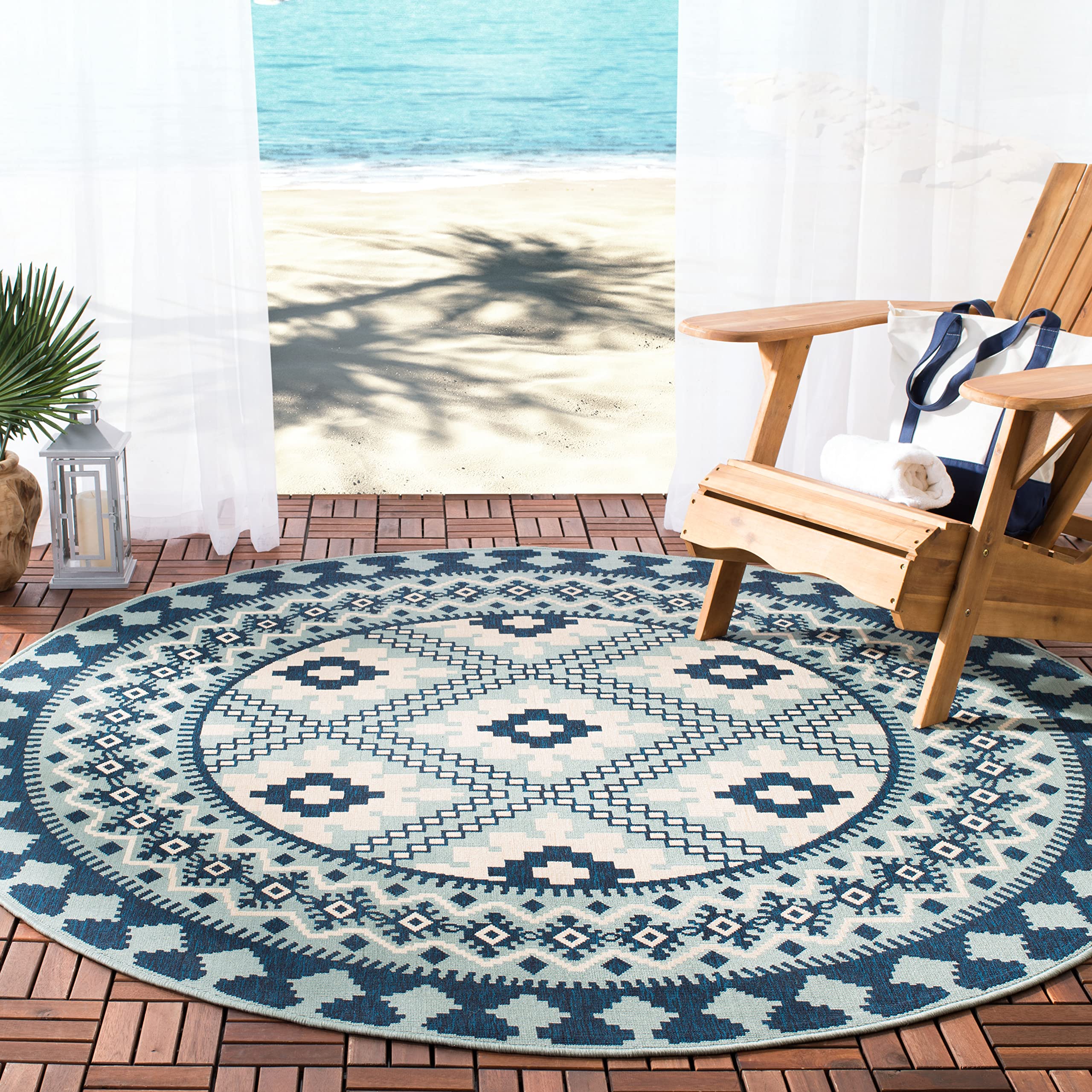 Safavieh Veranda Collection Area Rug - 8' Round, Ivory & Blue, Boho Design, Non-Shedding & Easy Care, Indoor/Outdoor & Washable-