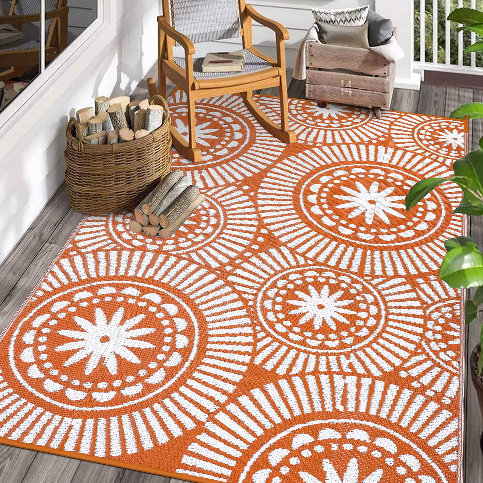 Ileading Outdoor Plastic Straw Rug 6X9Ft Modern Geometric Style Reversible Patio Area Rugs Waterproof Non Shedding Portable Carp