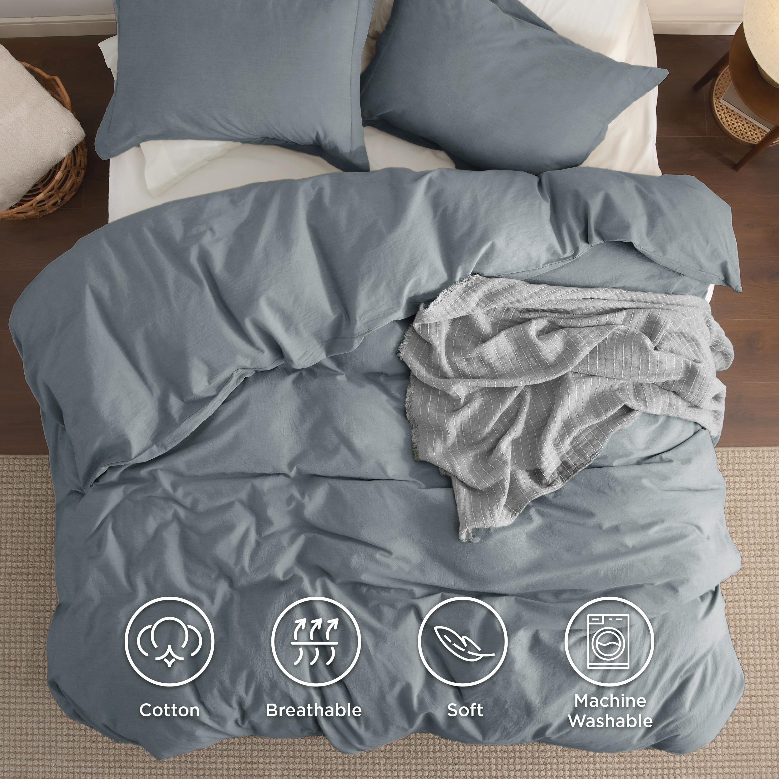 Bedsure 100% Washed Cotton Duvet Cover King Size - Grey Blue Minimalist Cotton Duvet Cover Linen Like - 3 Pieces Gentlesoft™ Plain Simple Bedding Set With 2 Pillow Shams (Grayish Blue, King, 104'X90')