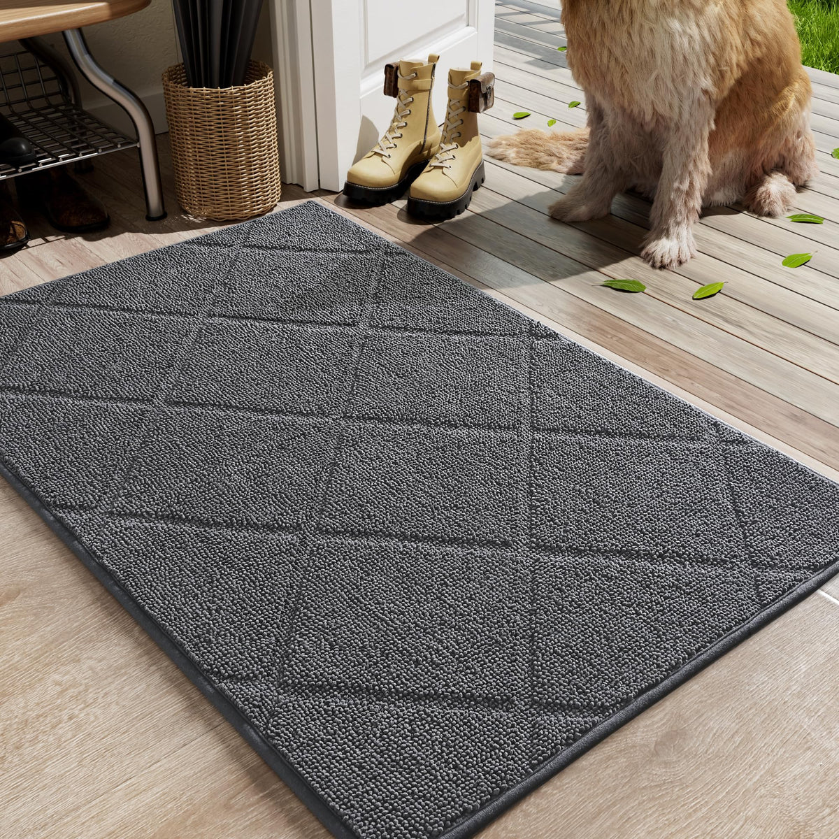 Lochas Grey Indoor Door Mat 24X36 Inch, Rubber Backing, Washable Absorbent Chenille Doormat, Low-Profile, Non Slip Microfiber En