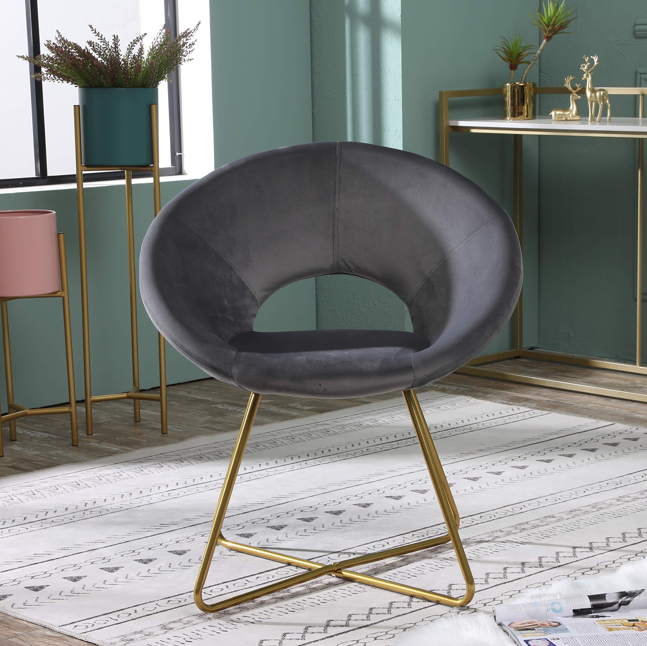 Roundhill Furniture Slatina Silky Velvet Upholstered Accent Chair With Gold Tone Finished Base, Gray