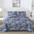 Wongs Bedding Blue Quilt Set King Size, Blue Botanical Floral King Bedspread Bedding Sets Soft Lightweight Microfiber Flower Cov
