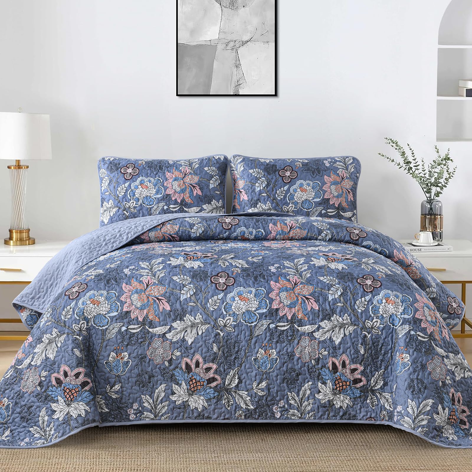 Wongs Bedding Blue Quilt Set King Size, Blue Botanical Floral King Bedspread Bedding Sets Soft Lightweight Microfiber Flower Cov