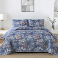 Wongs Bedding Blue Quilt Set Queen Size, Blue Botanical Floral Queen Bedspread Bedding Sets Soft Lightweight Microfiber Flower C