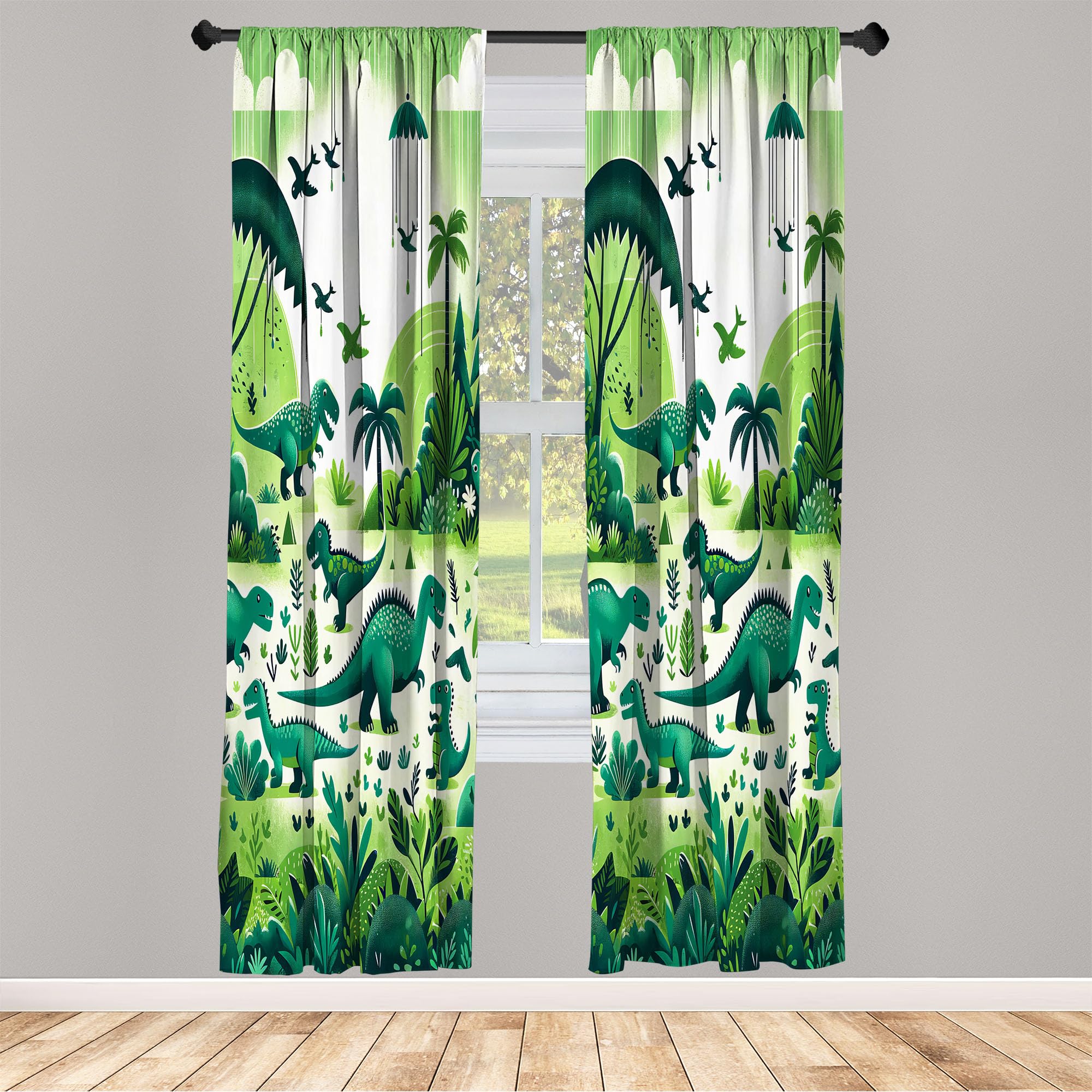 Ambesonne Dinosaur Curtains, Modern Artwork Of Jurassic Scenario With Dino Animals And Wild Jungle, Window Treatments 2 Panel Se