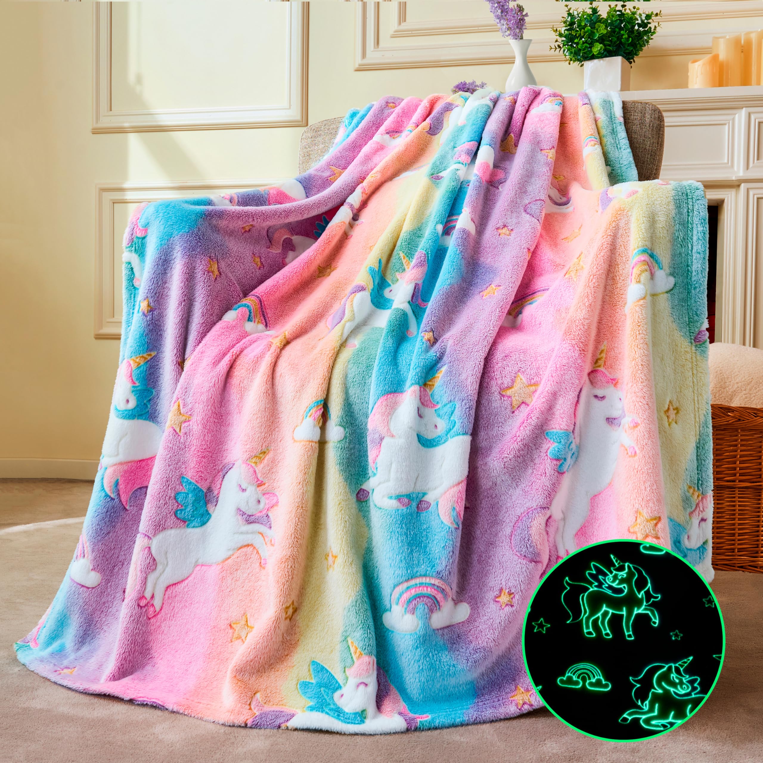 Joiedomi Glow In The Dark Blanket - Unicorns Gifts For Girls Age 2 3 4 5 6 7 8 9 10 11 12 Year Old - Soft Cozy Flannel Kids Thro