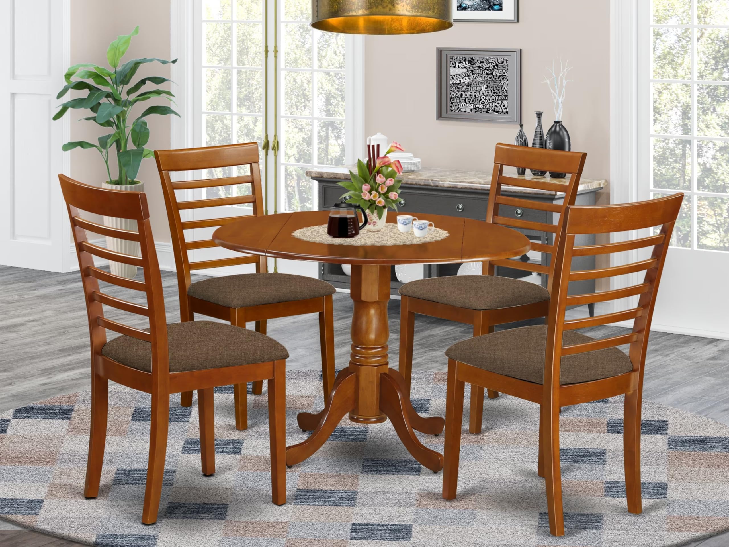 East West Furniture DLML5-SBR-C 5 Piece Dinette Set for 4 Includes a Round Dining Room Table with Dropleaf and 4 Linen Fabric Upholstered Dining Chairs, 42x42 Inch, Saddle Brown