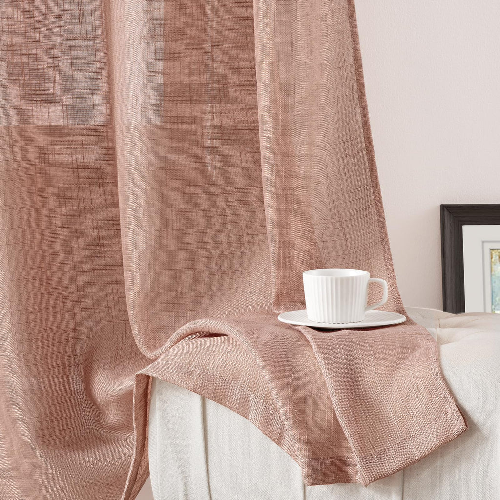 Homeideas Blush Pink Linen Sheer Curtains 63 Inches Long 2 Panels Textured Dusty Blush Semi Sheer Curtains Farmhouse Curtains Sh